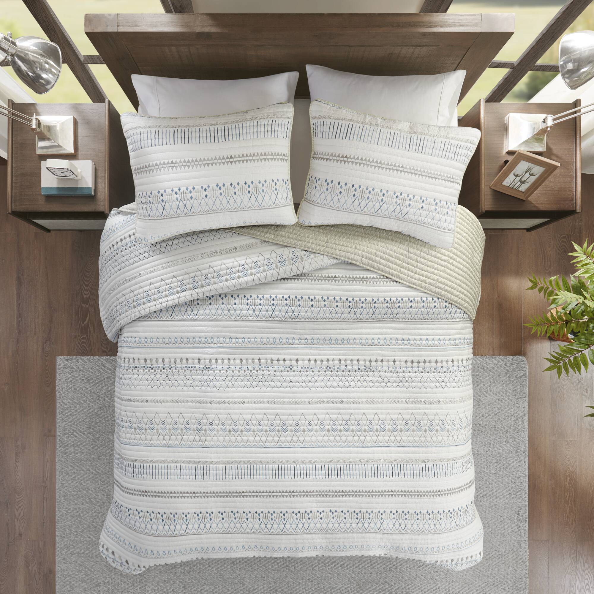 3 Piece Printed Microfiber Seersucker Quilt Set Taupe/Blue Full/Queen - Image 2