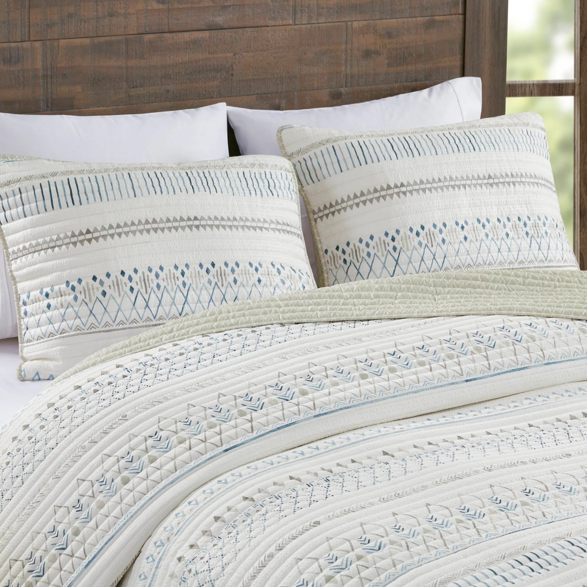 3 Piece Printed Microfiber Seersucker Quilt Set Taupe/Blue Full/Queen - Image 3