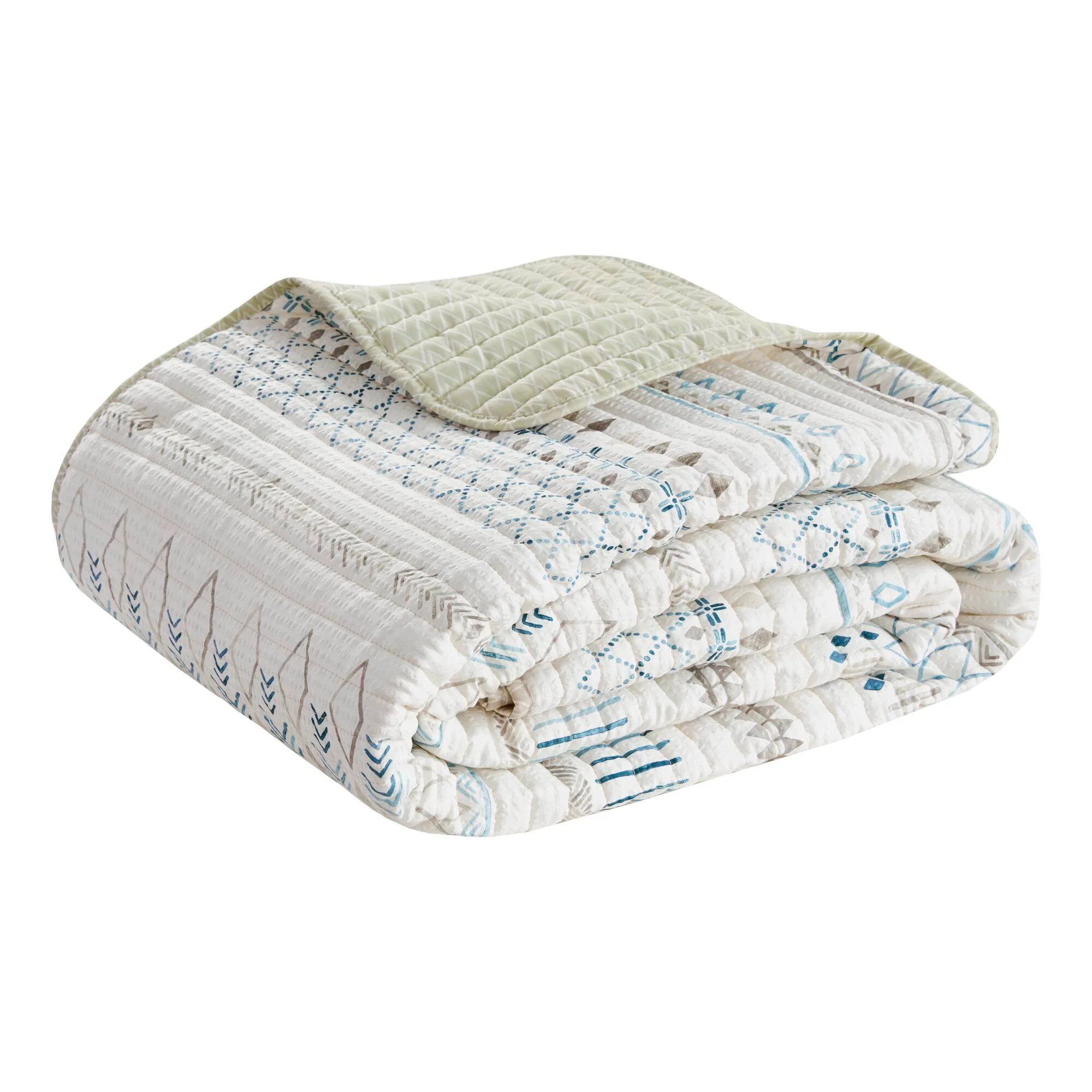 3 Piece Printed Microfiber Seersucker Quilt Set Taupe/Blue Full/Queen - Image 4