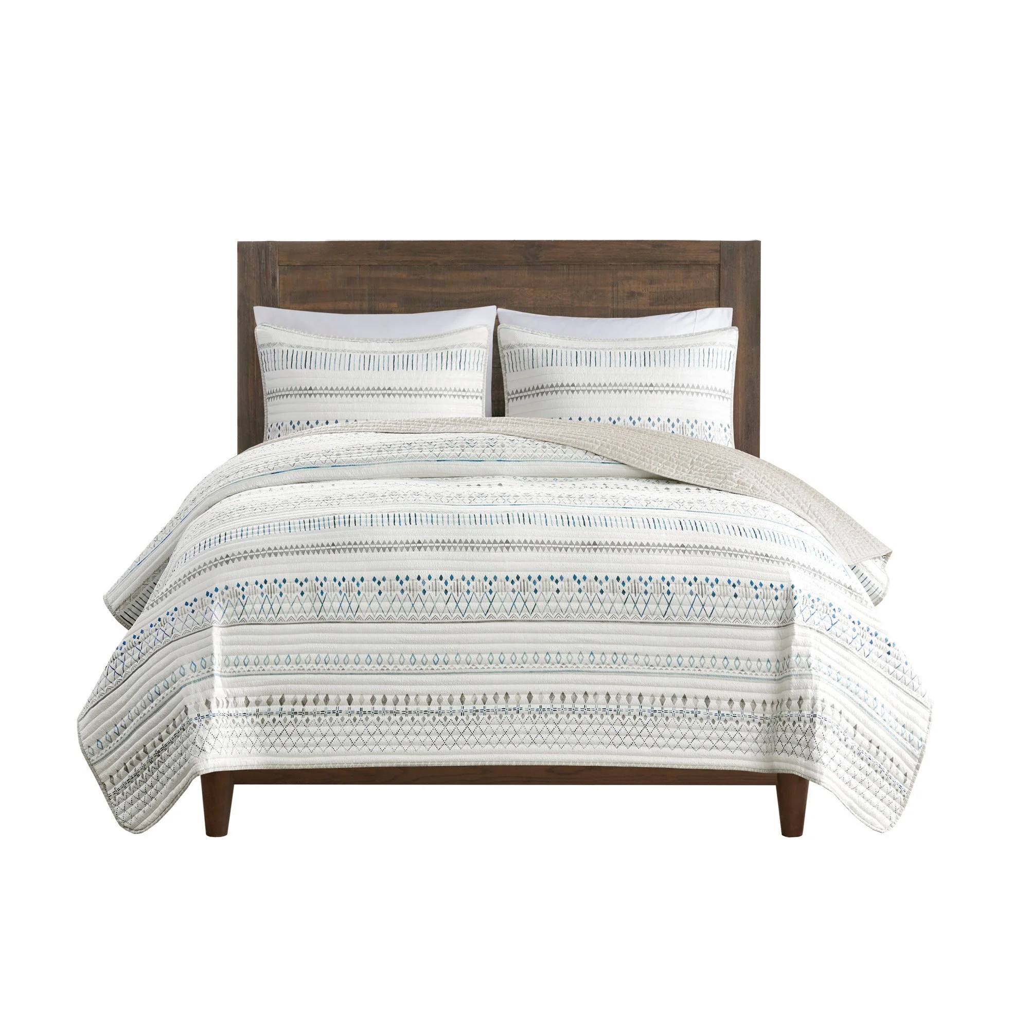 3 Piece Printed Microfiber Seersucker Quilt Set Taupe/Blue Full/Queen - Image 8