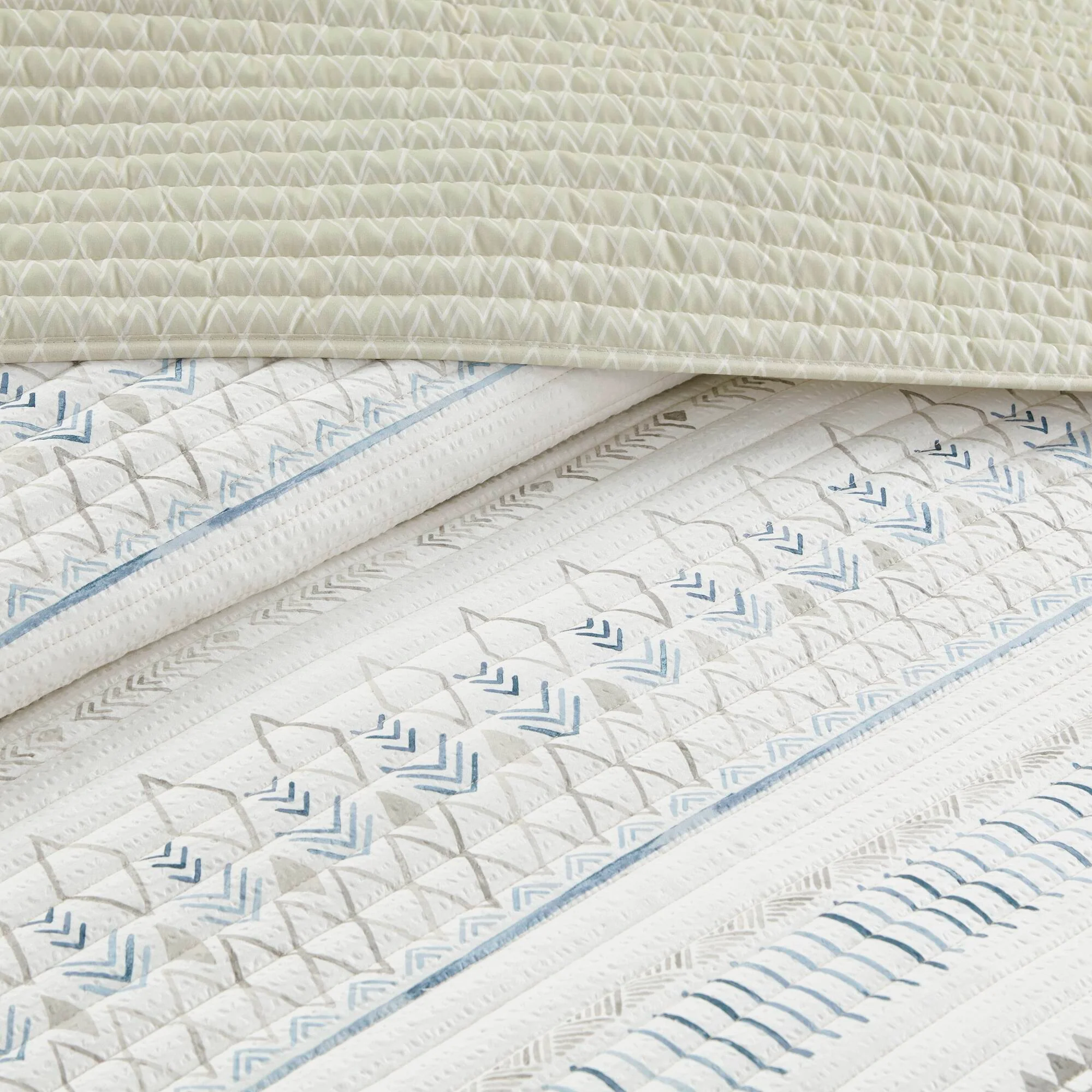 3 Piece Printed Microfiber Seersucker Quilt Set Taupe/Blue Full/Queen - Image 9