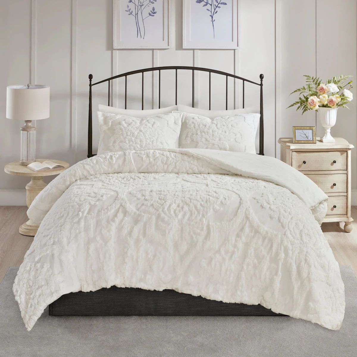 3 Piece Tufted Cotton Chenille Damask Comforter Set Off-White King/Cal King - Image 2