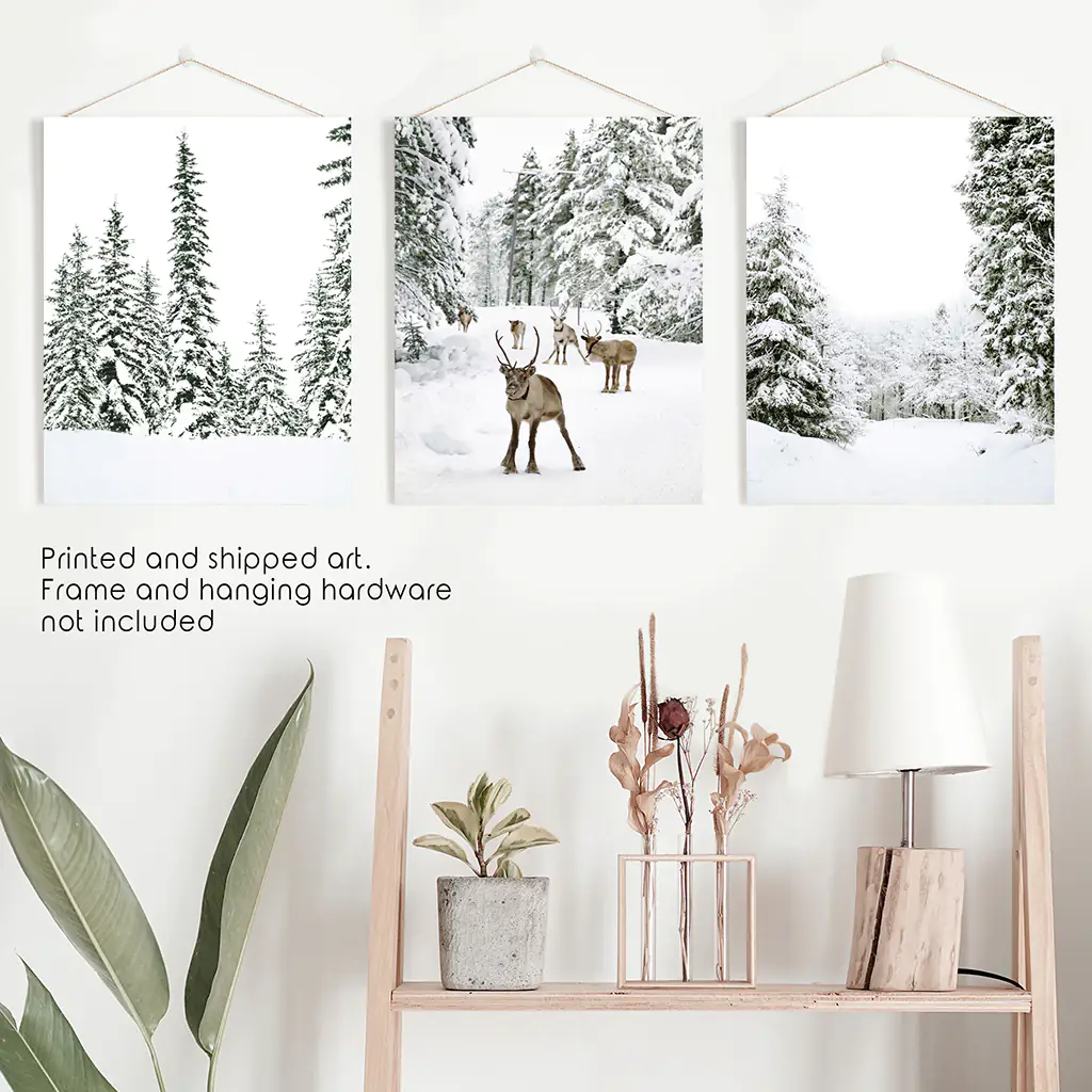 3 Piece Winter Landscape Wall Art. Snowy Pine Forest, Fawn - Image 10