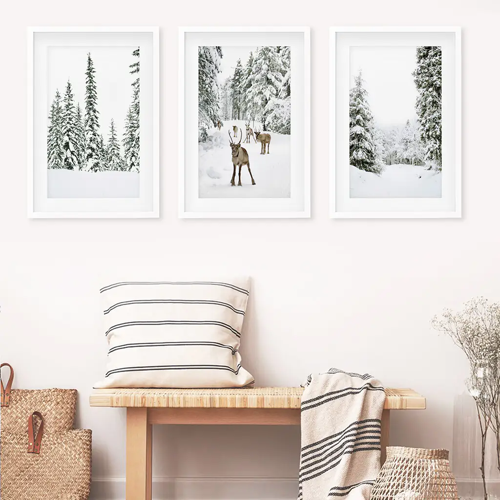 3 Piece Winter Landscape Wall Art. Snowy Pine Forest, Fawn - Image 3