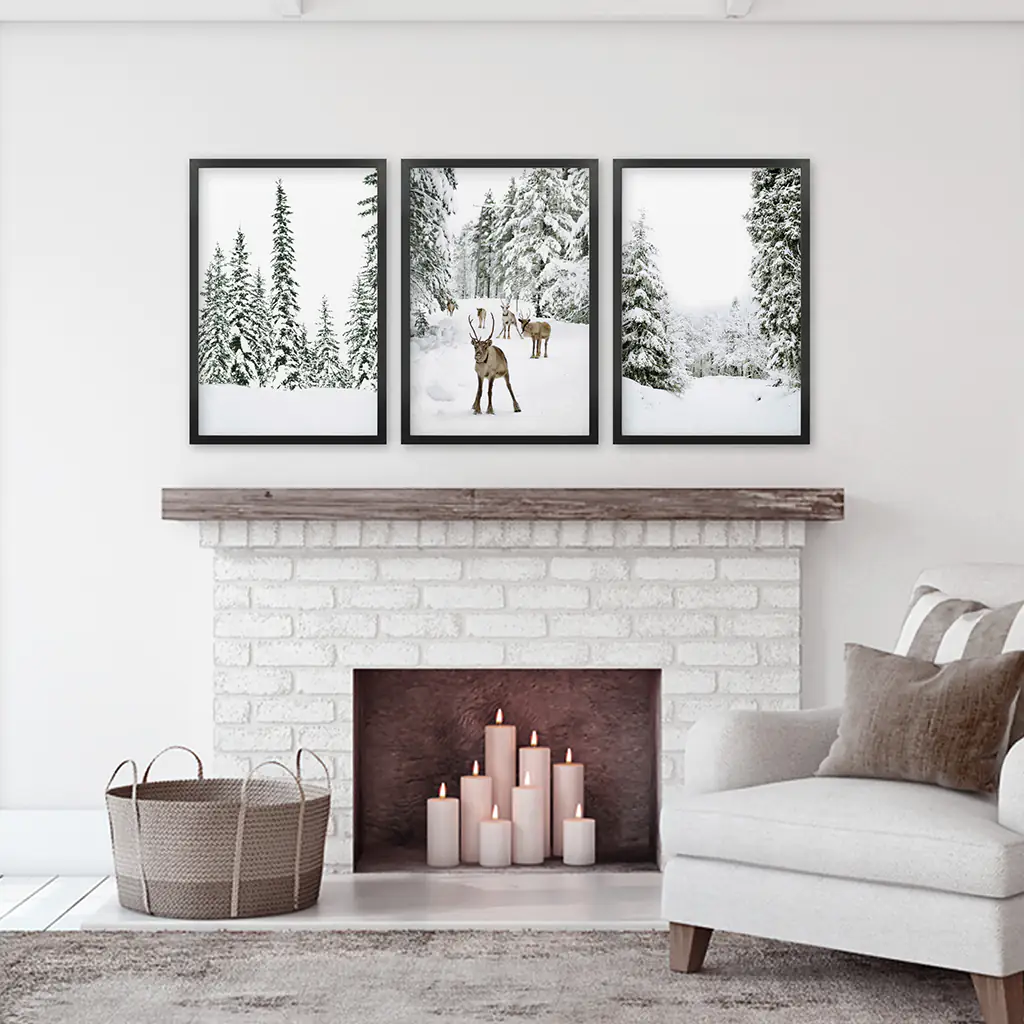 3 Piece Winter Landscape Wall Art. Snowy Pine Forest, Fawn - Image 4