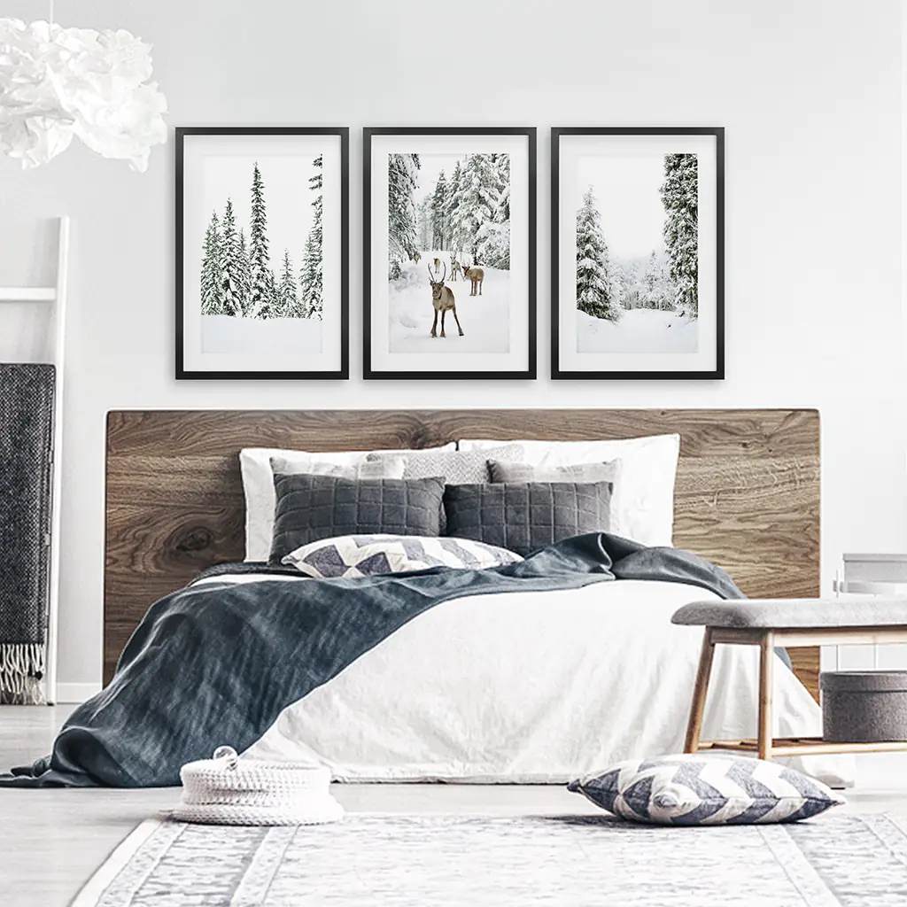 3 Piece Winter Landscape Wall Art. Snowy Pine Forest, Fawn - Image 5