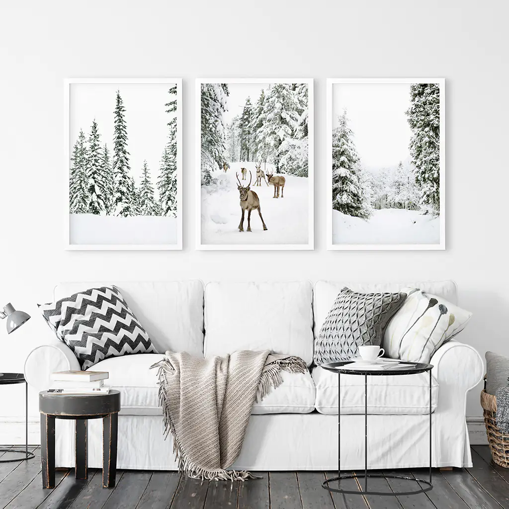 3 Piece Winter Landscape Wall Art. Snowy Pine Forest, Fawn - Image 6