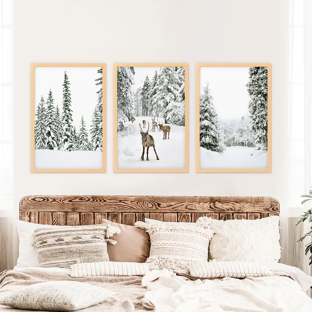 3 Piece Winter Landscape Wall Art. Snowy Pine Forest, Fawn - Image 7