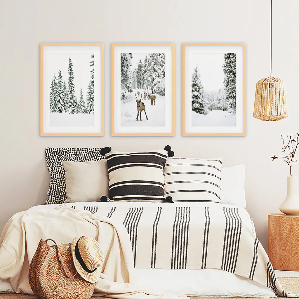 3 Piece Winter Landscape Wall Art. Snowy Pine Forest, Fawn - Image 8