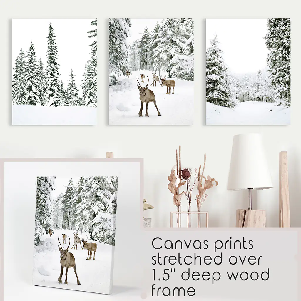 3 Piece Winter Landscape Wall Art. Snowy Pine Forest, Fawn - Image 9