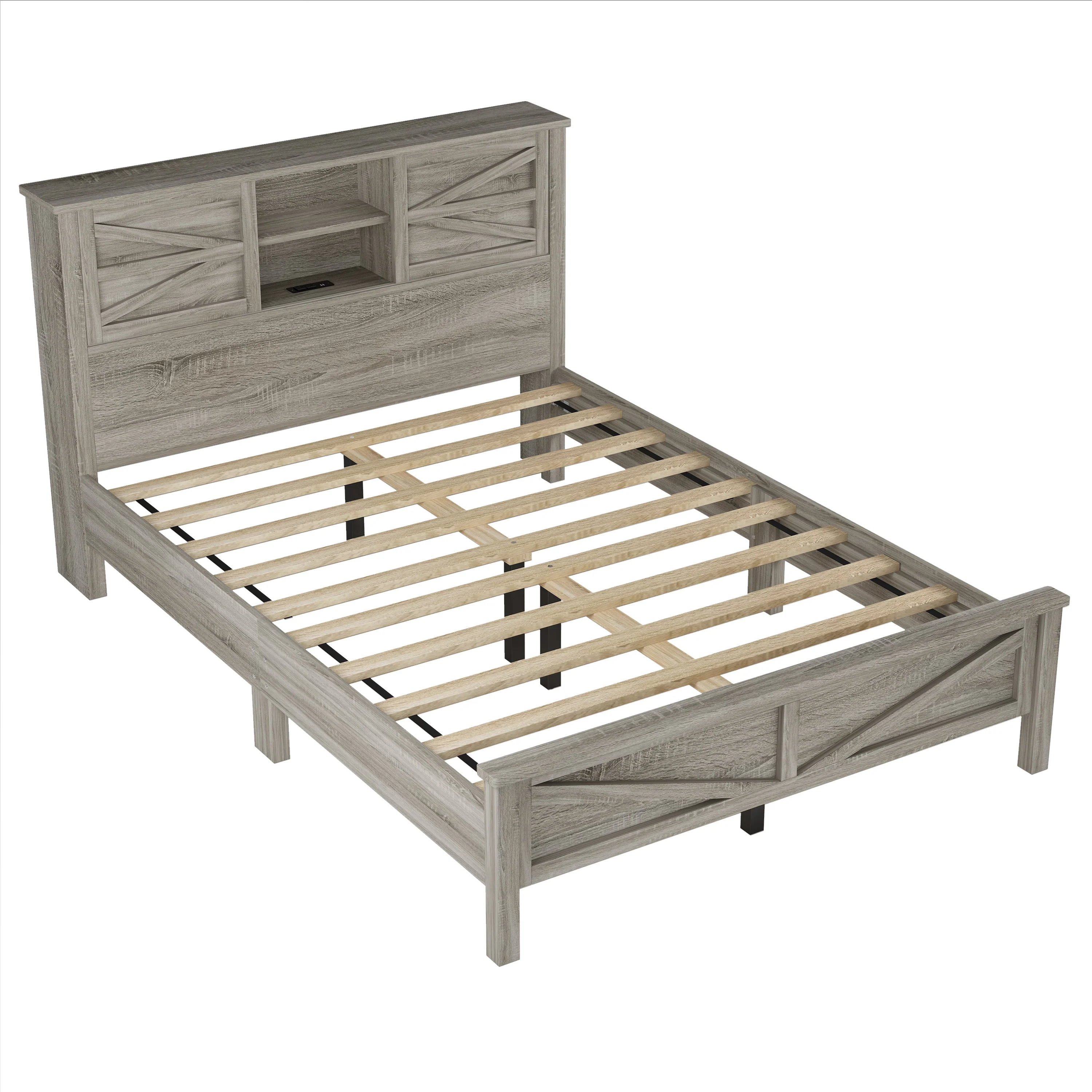 3-Pieces Bedroom Set Queen Size Farmhouse Platform Bed with Storage Headboard and Charging Station - Image 15