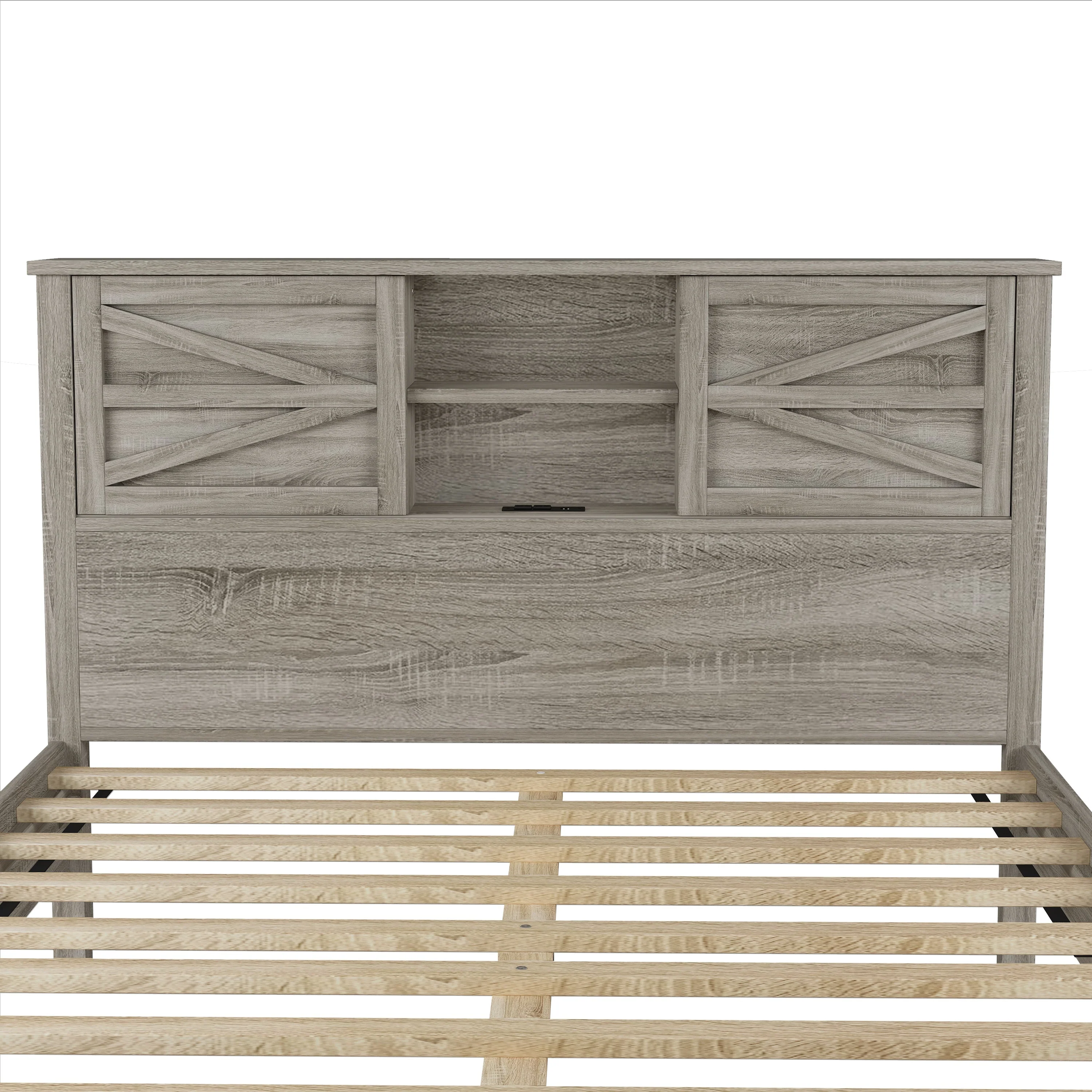 3-Pieces Bedroom Set Queen Size Farmhouse Platform Bed with Storage Headboard and Charging Station - Image 18