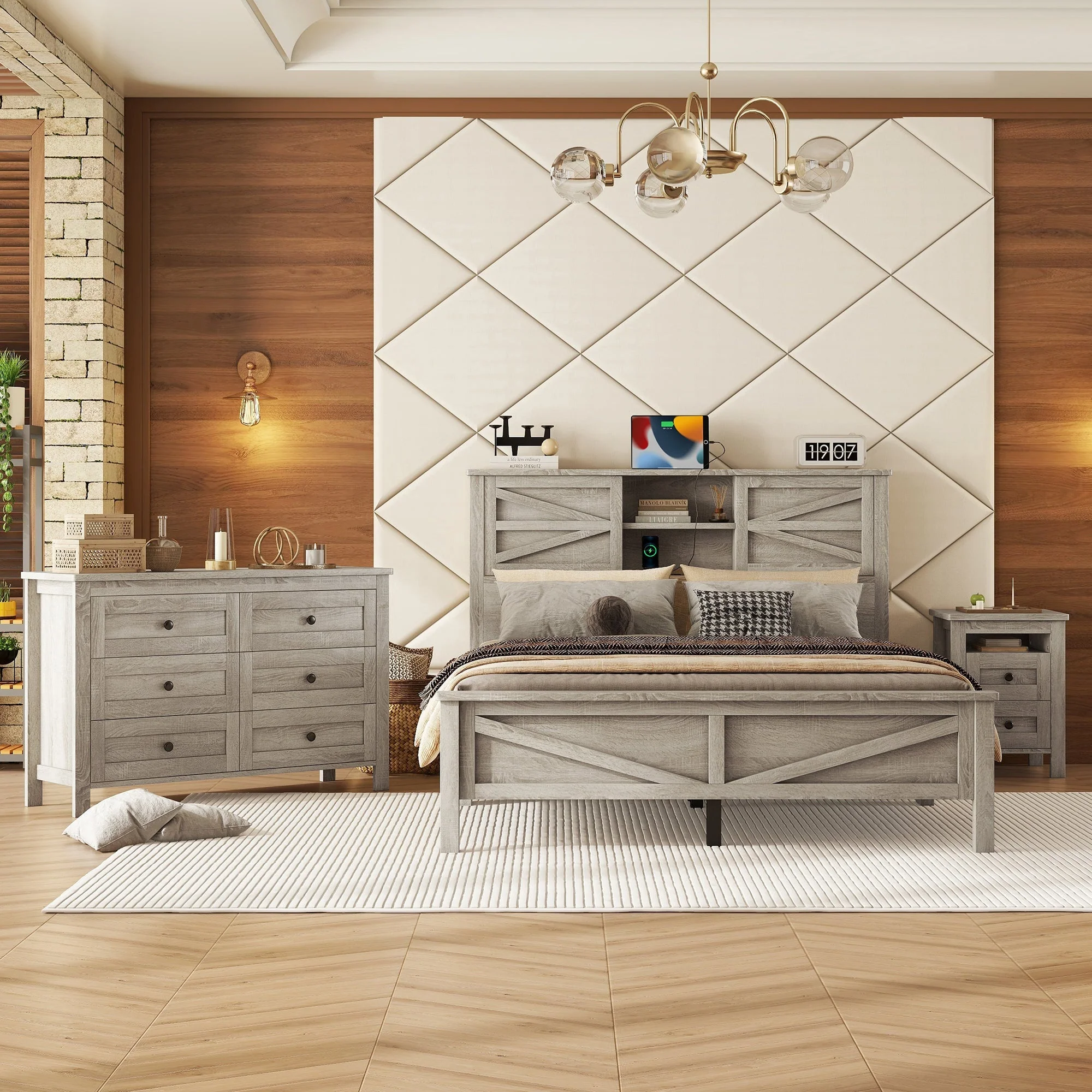 3-Pieces Bedroom Set Queen Size Farmhouse Platform Bed with Storage Headboard and Charging Station - Image 2