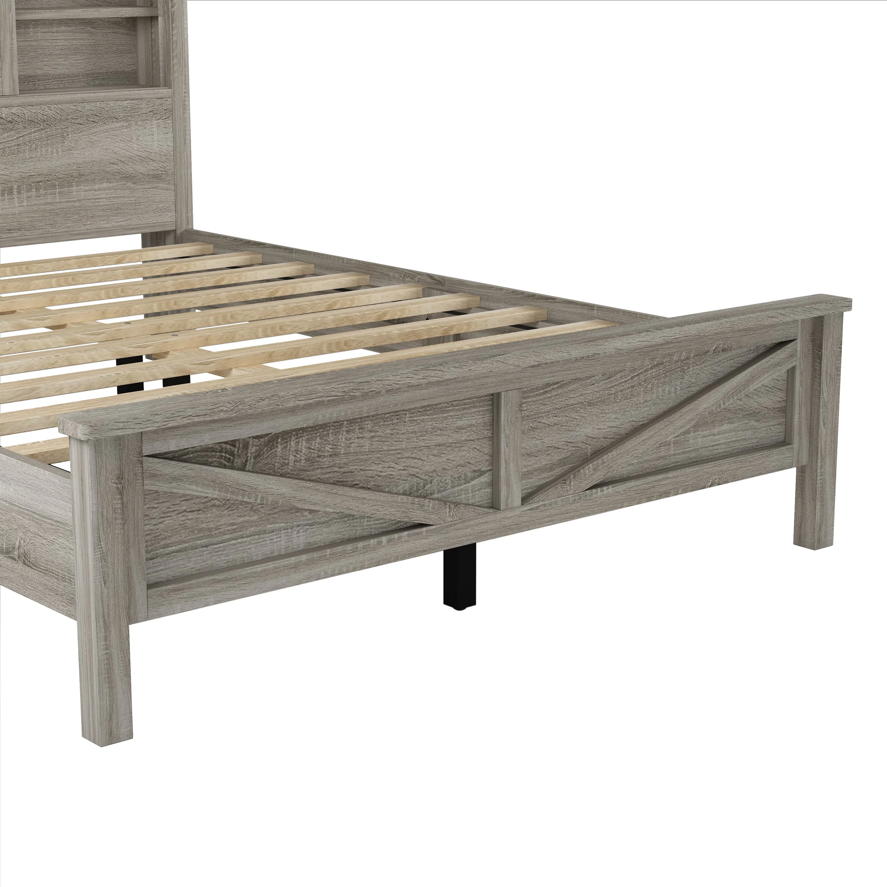 3-Pieces Bedroom Set Queen Size Farmhouse Platform Bed with Storage Headboard and Charging Station - Image 20