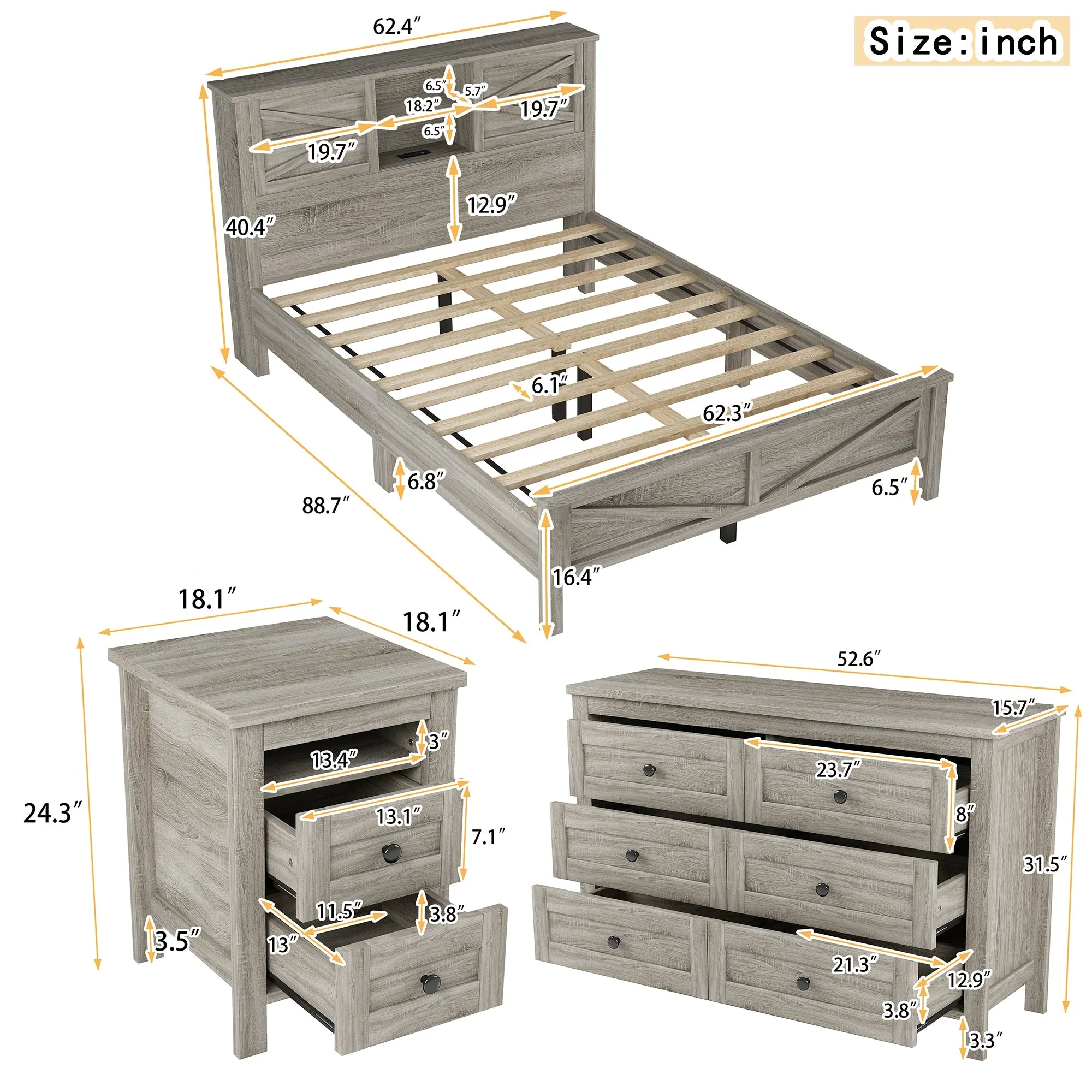 3-Pieces Bedroom Set Queen Size Farmhouse Platform Bed with Storage Headboard and Charging Station - Image 21