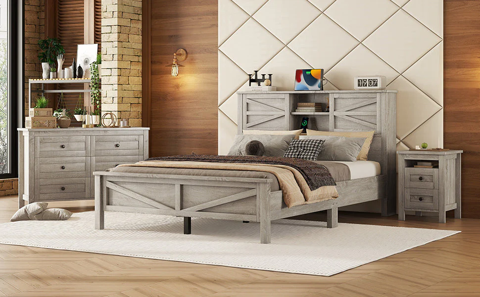 3-Pieces Bedroom Set Queen Size Farmhouse Platform Bed with Storage Headboard and Charging Station - Image 22