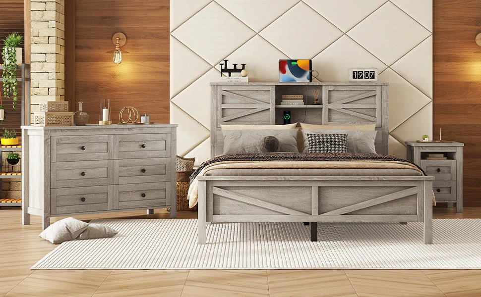 3-Pieces Bedroom Set Queen Size Farmhouse Platform Bed with Storage Headboard and Charging Station - Image 23