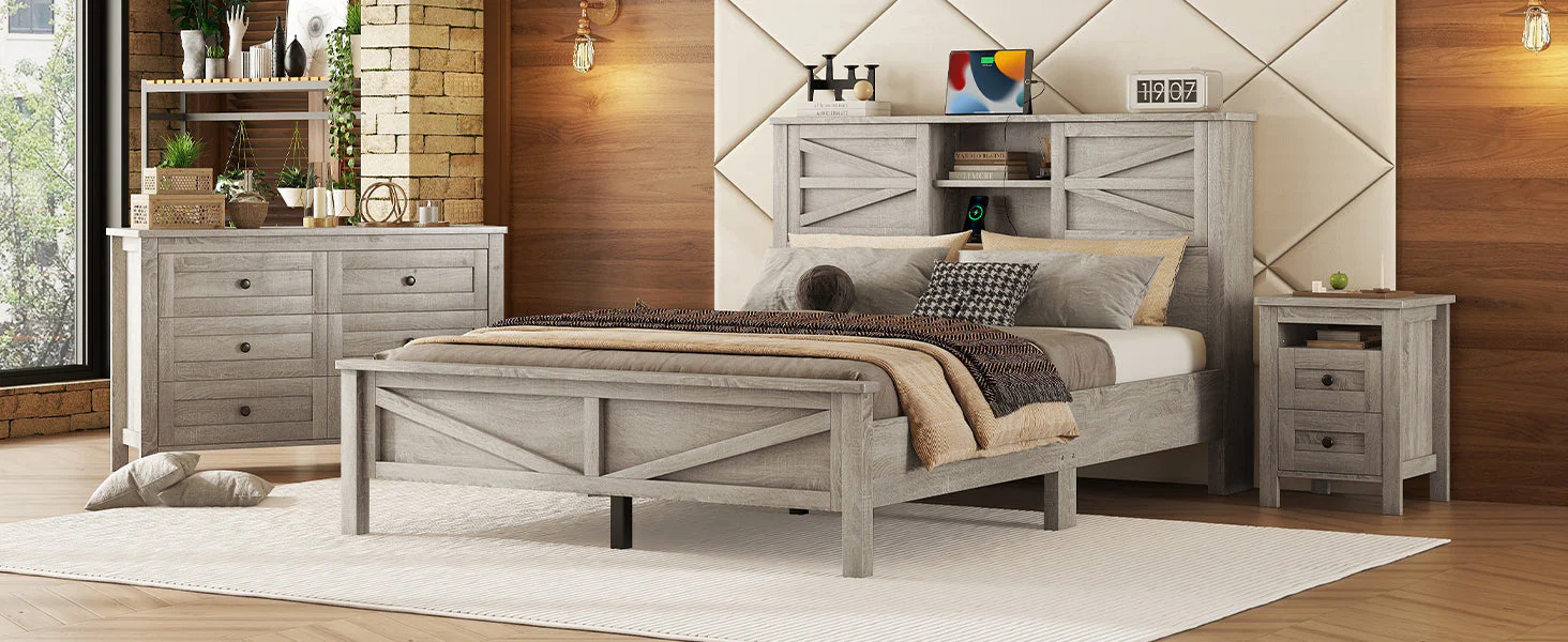 3-Pieces Bedroom Set Queen Size Farmhouse Platform Bed with Storage Headboard and Charging Station - Image 24