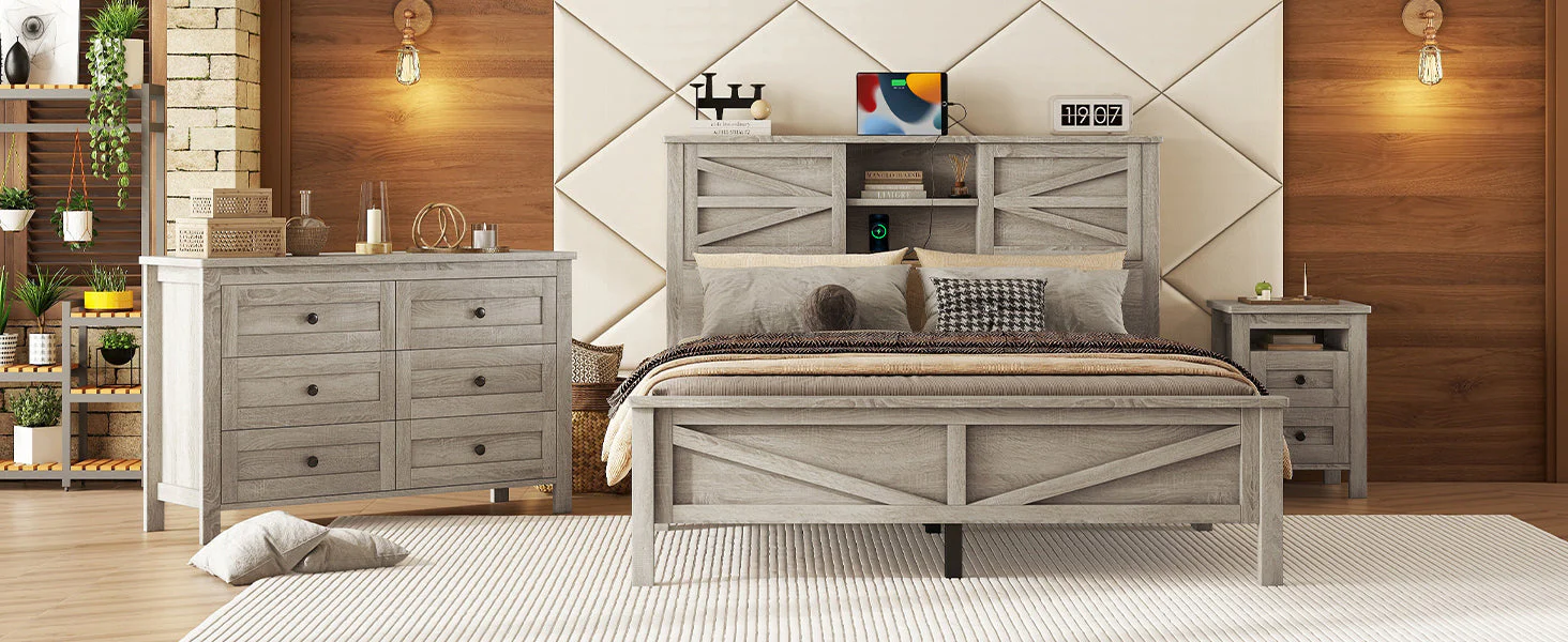 3-Pieces Bedroom Set Queen Size Farmhouse Platform Bed with Storage Headboard and Charging Station - Image 25