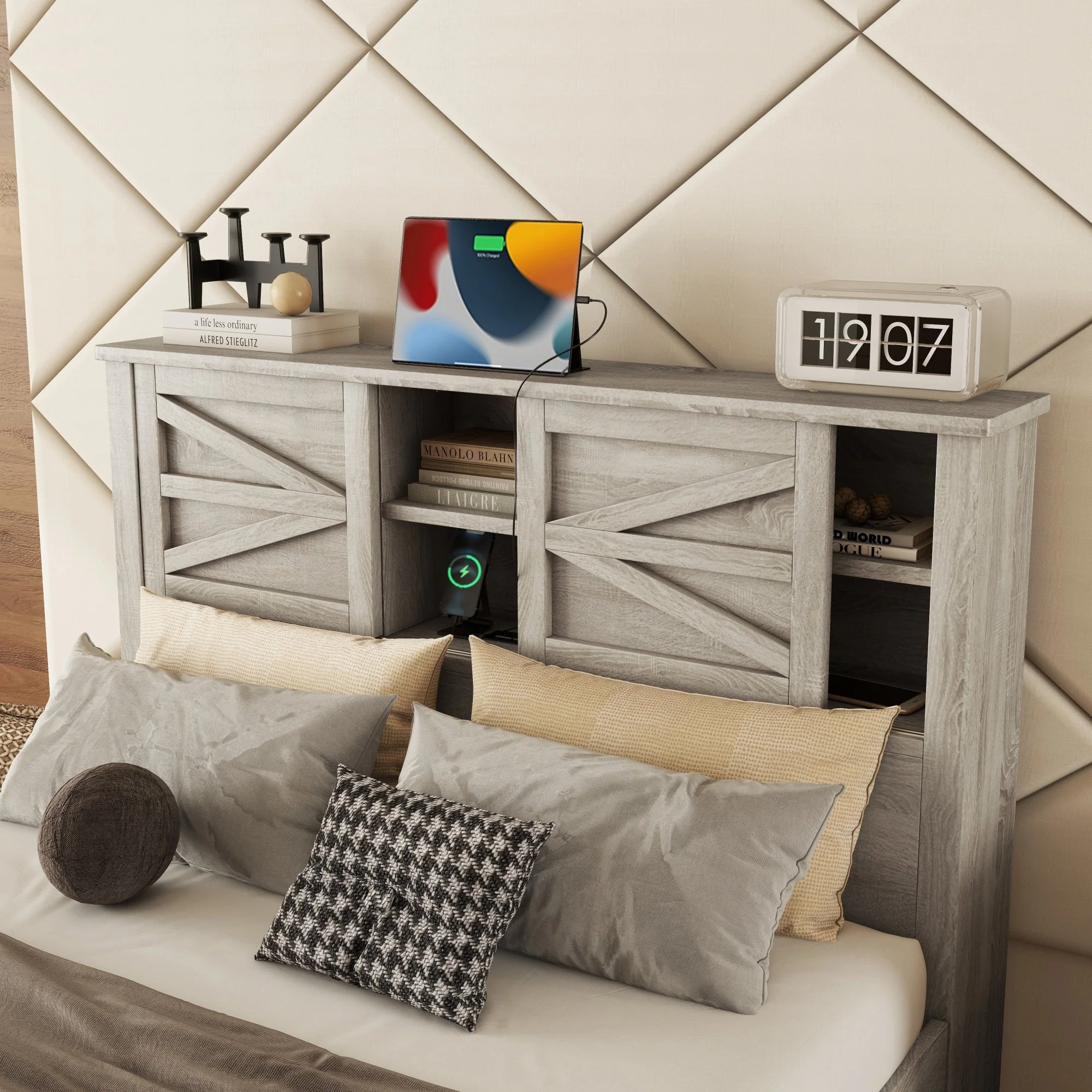3-Pieces Bedroom Set Queen Size Farmhouse Platform Bed with Storage Headboard and Charging Station - Image 3
