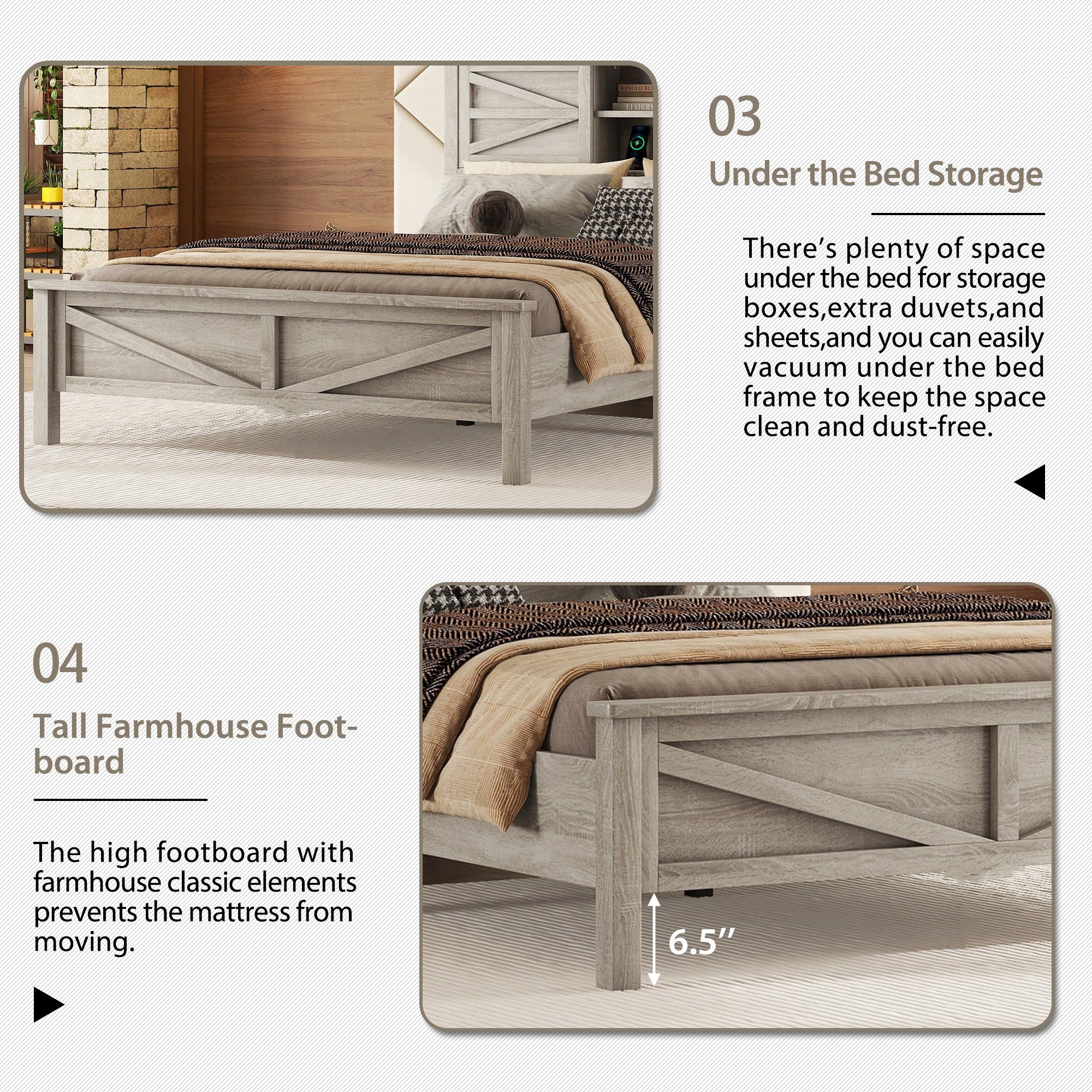 3-Pieces Bedroom Set Queen Size Farmhouse Platform Bed with Storage Headboard and Charging Station - Image 5