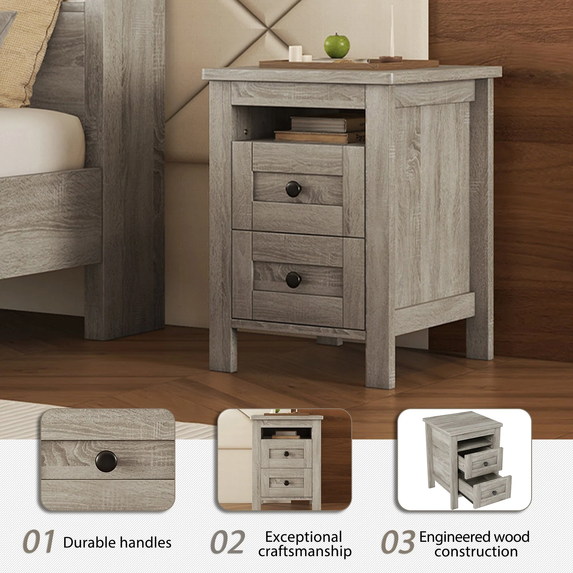 3-Pieces Bedroom Set Queen Size Farmhouse Platform Bed with Storage Headboard and Charging Station - Image 6