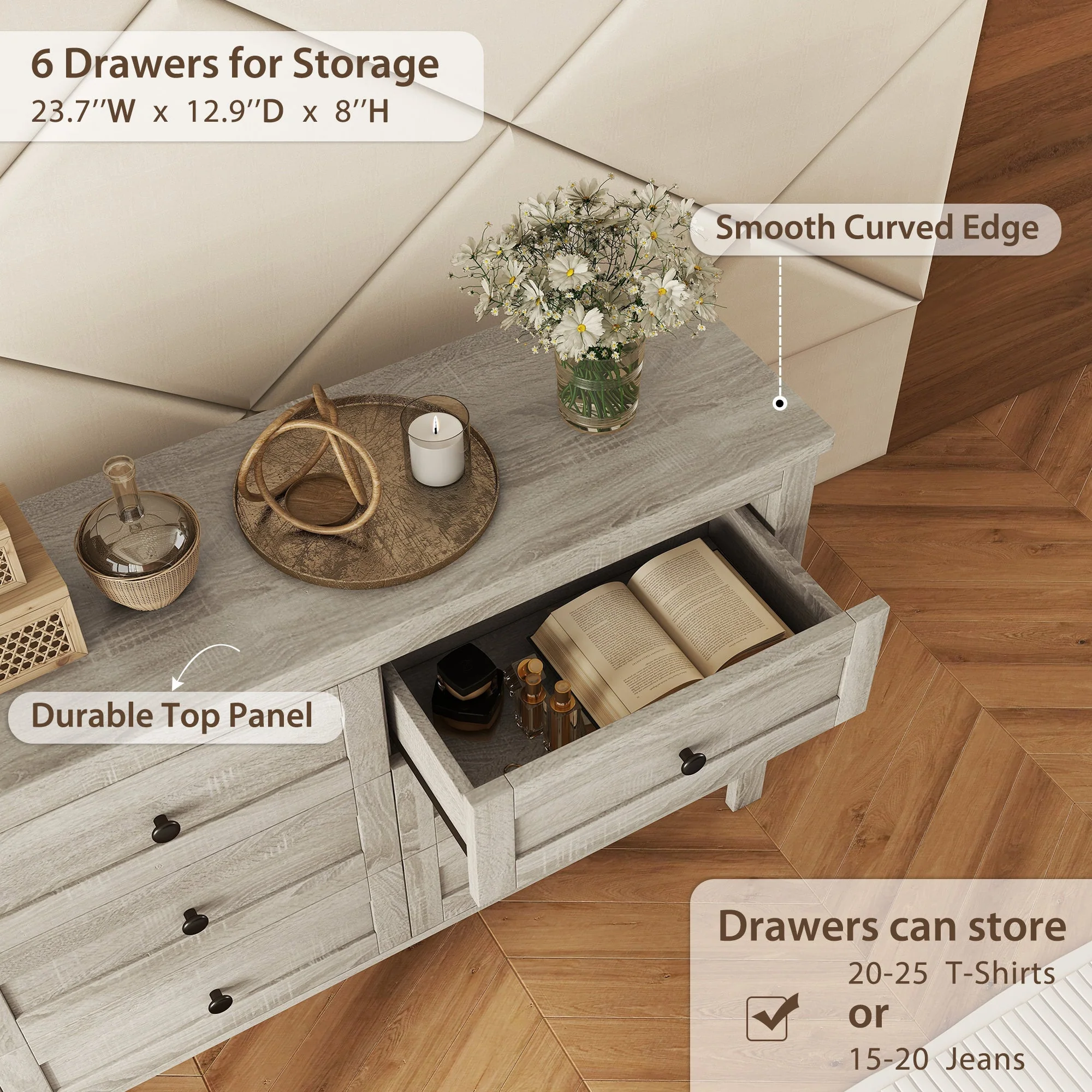 3-Pieces Bedroom Set Queen Size Farmhouse Platform Bed with Storage Headboard and Charging Station - Image 7