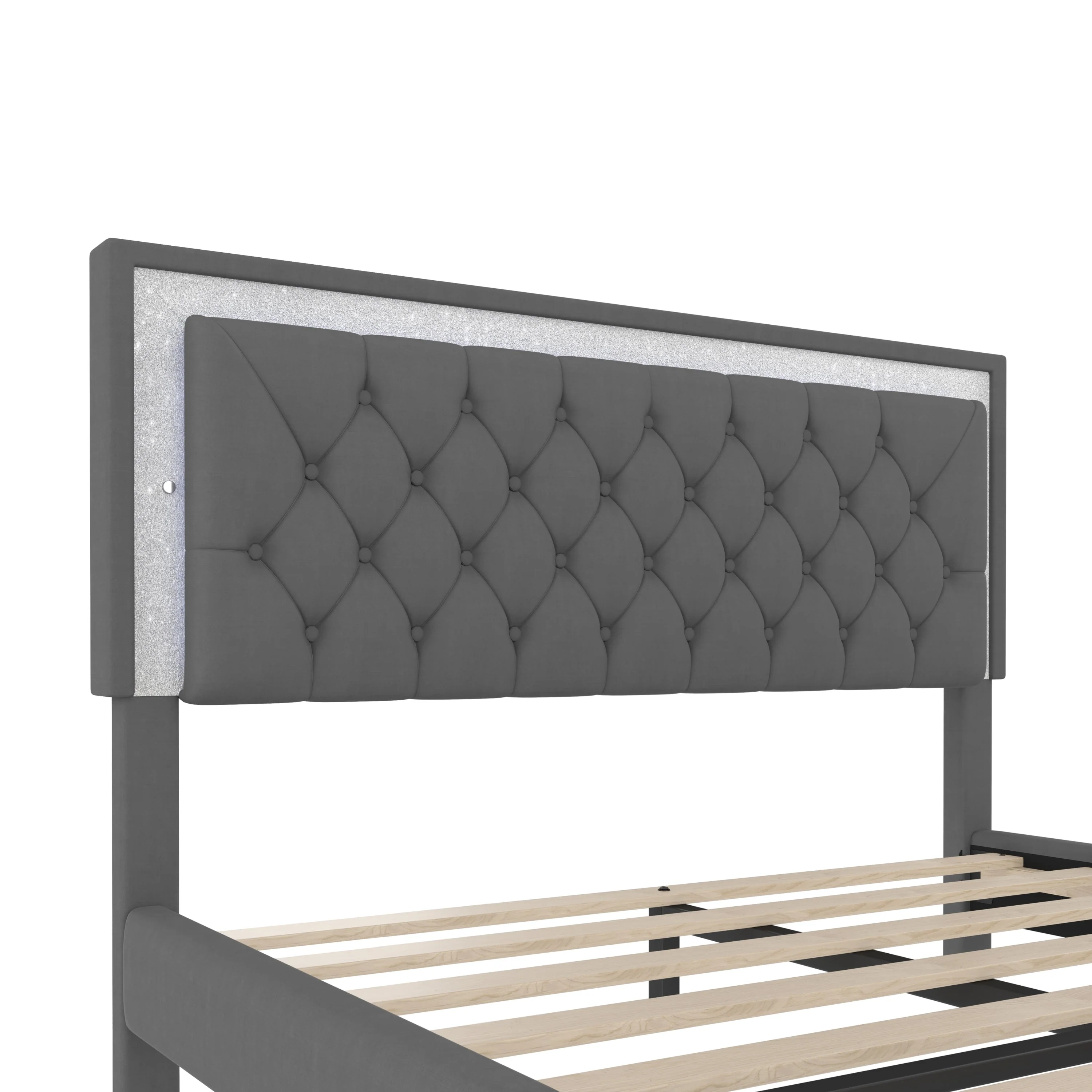 3-Pieces Bedroom Set, Queen Size Upholstered Platform Bed with LED Lights and Two Nightstands - Gray - Image 10