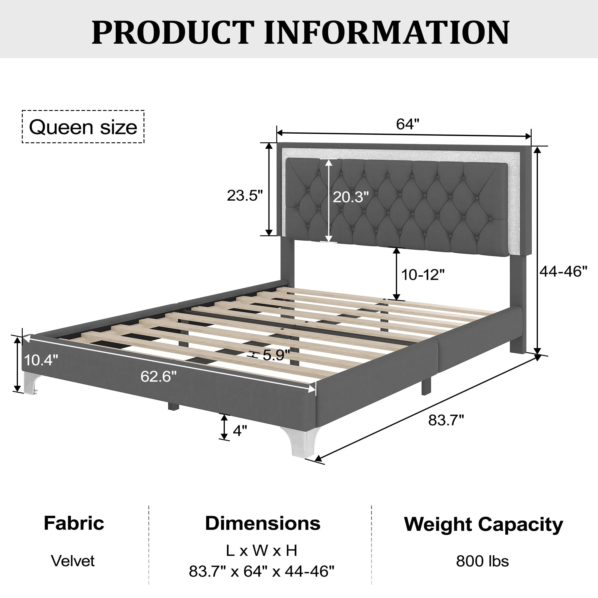 3-Pieces Bedroom Set, Queen Size Upholstered Platform Bed with LED Lights and Two Nightstands - Gray - Image 14