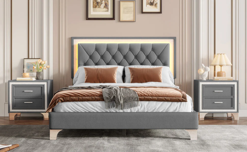 3-Pieces Bedroom Set, Queen Size Upholstered Platform Bed with LED Lights and Two Nightstands - Gray - Image 16