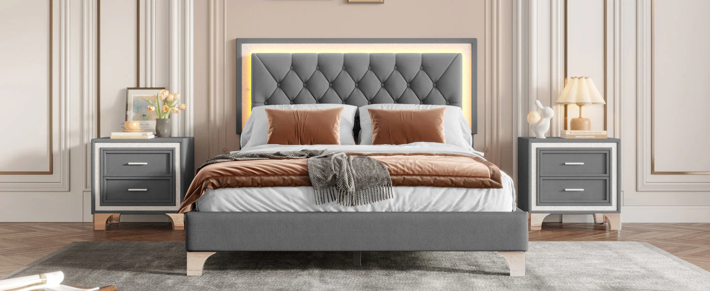 3-Pieces Bedroom Set, Queen Size Upholstered Platform Bed with LED Lights and Two Nightstands - Gray - Image 17