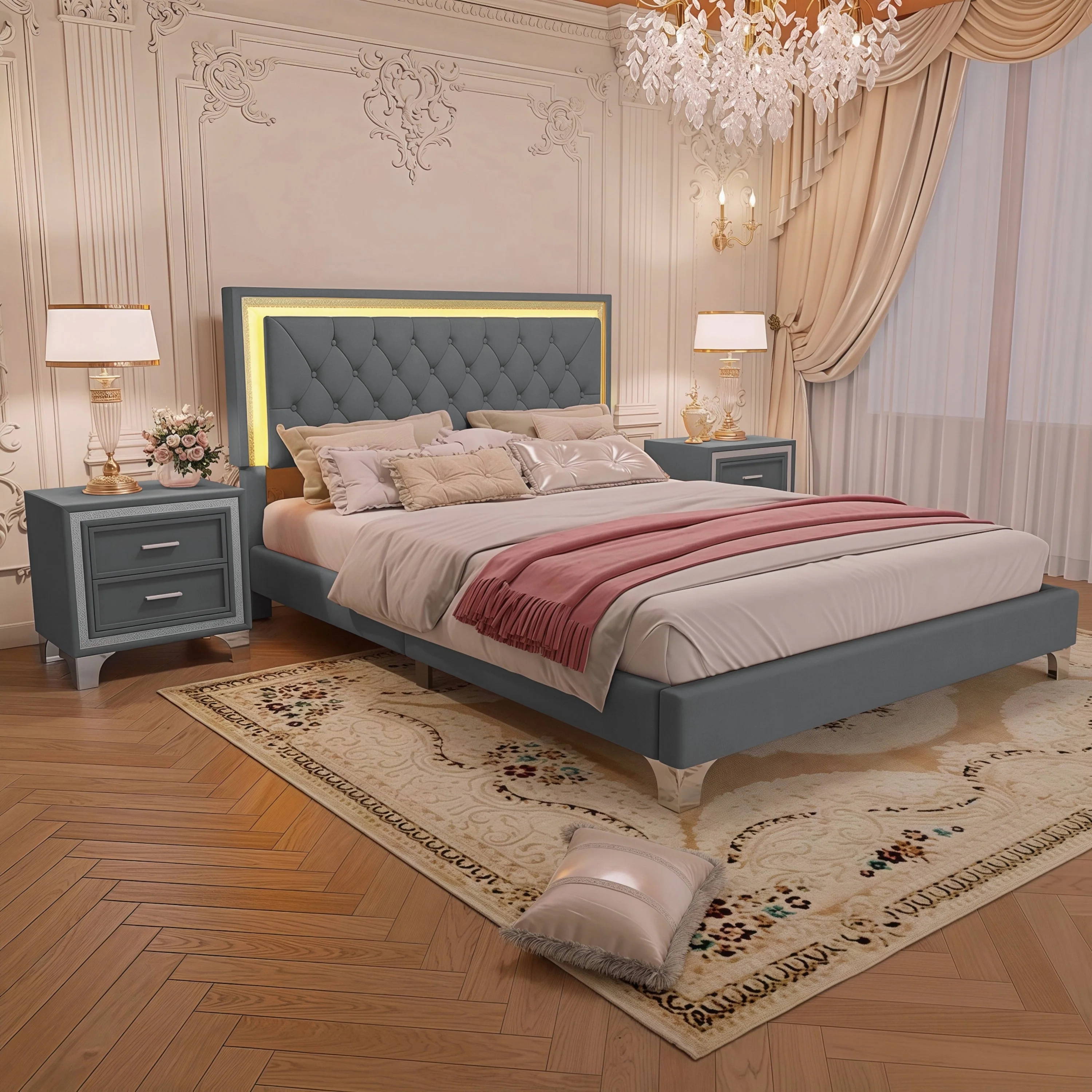 3-Pieces Bedroom Set, Queen Size Upholstered Platform Bed with LED Lights and Two Nightstands - Gray - Image 2