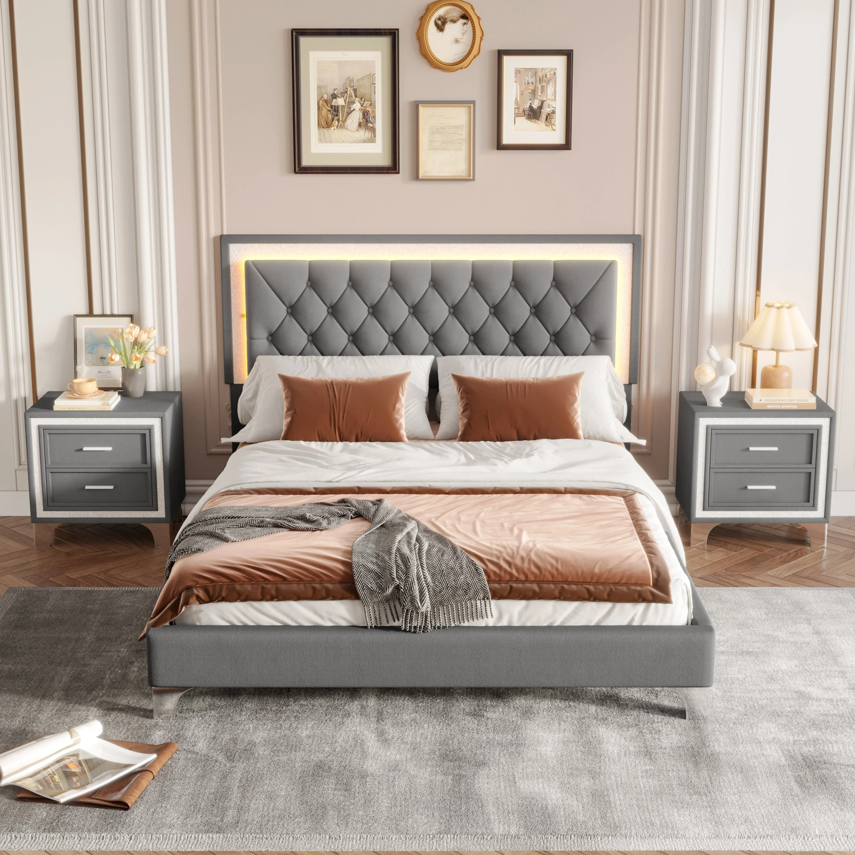 3-Pieces Bedroom Set, Queen Size Upholstered Platform Bed with LED Lights and Two Nightstands - Gray - Image 3