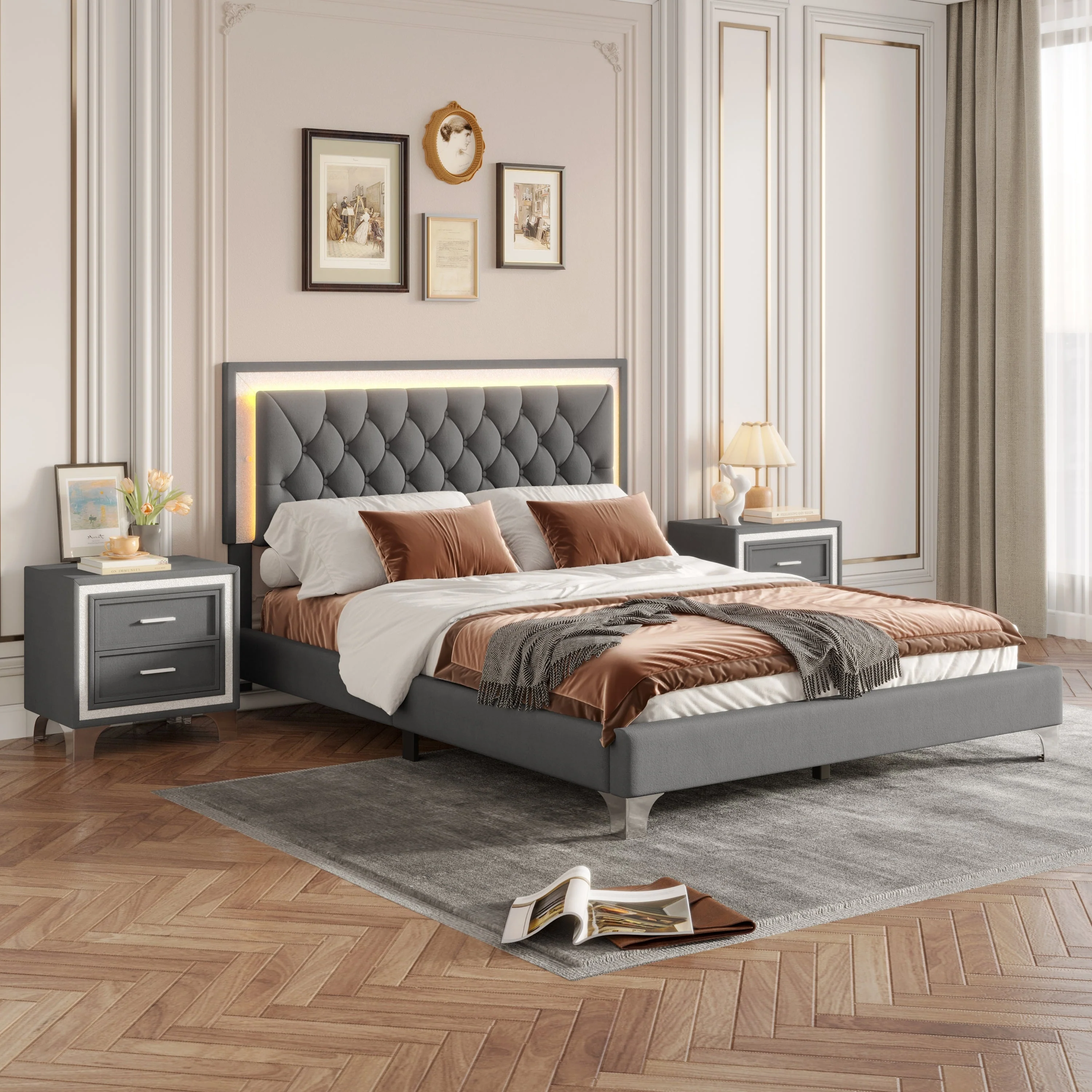 3-Pieces Bedroom Set, Queen Size Upholstered Platform Bed with LED Lights and Two Nightstands - Gray - Image 4