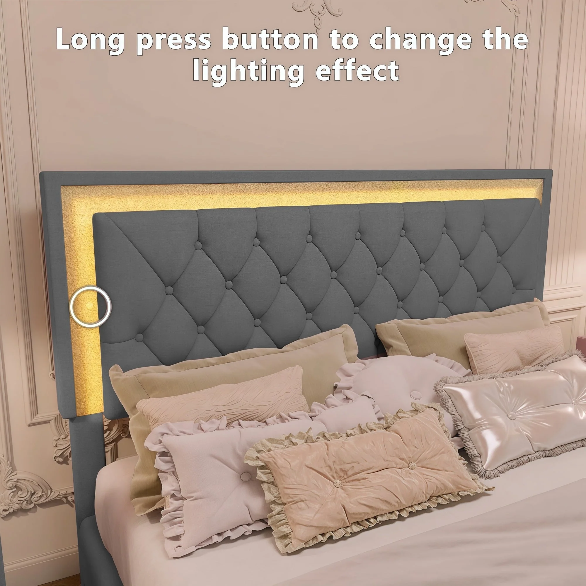 3-Pieces Bedroom Set, Queen Size Upholstered Platform Bed with LED Lights and Two Nightstands - Gray - Image 5