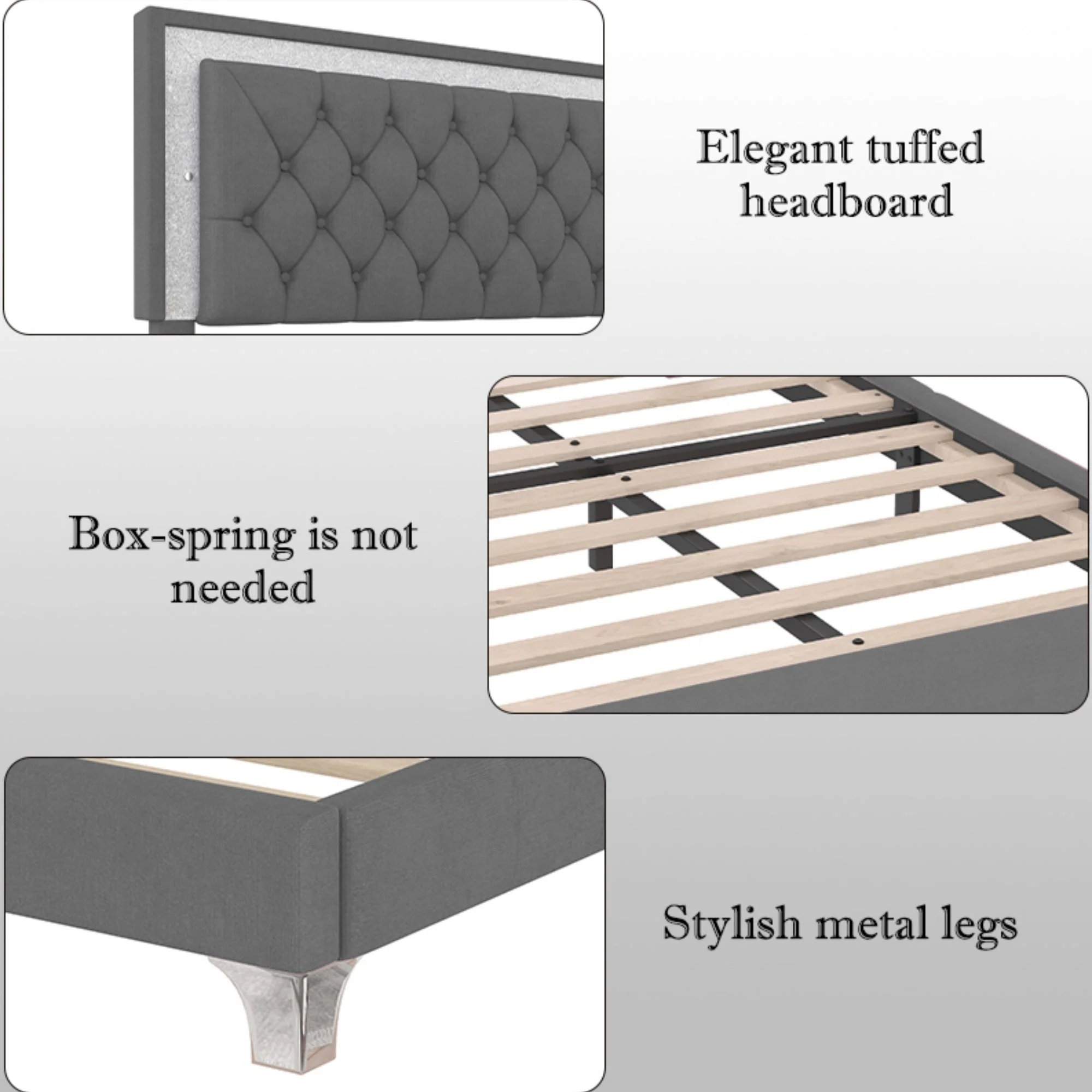 3-Pieces Bedroom Set, Queen Size Upholstered Platform Bed with LED Lights and Two Nightstands - Gray - Image 6
