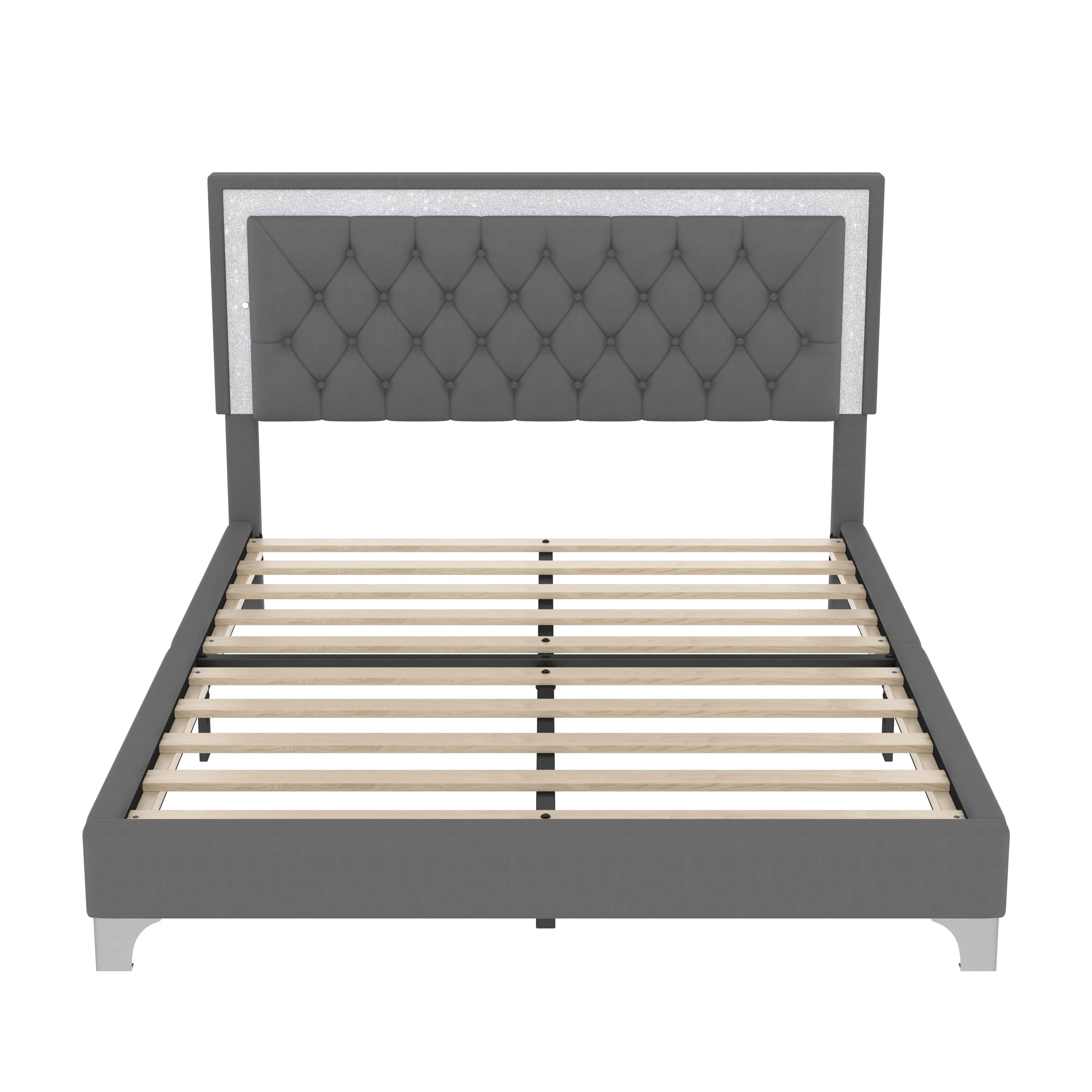 3-Pieces Bedroom Set, Queen Size Upholstered Platform Bed with LED Lights and Two Nightstands - Gray - Image 7