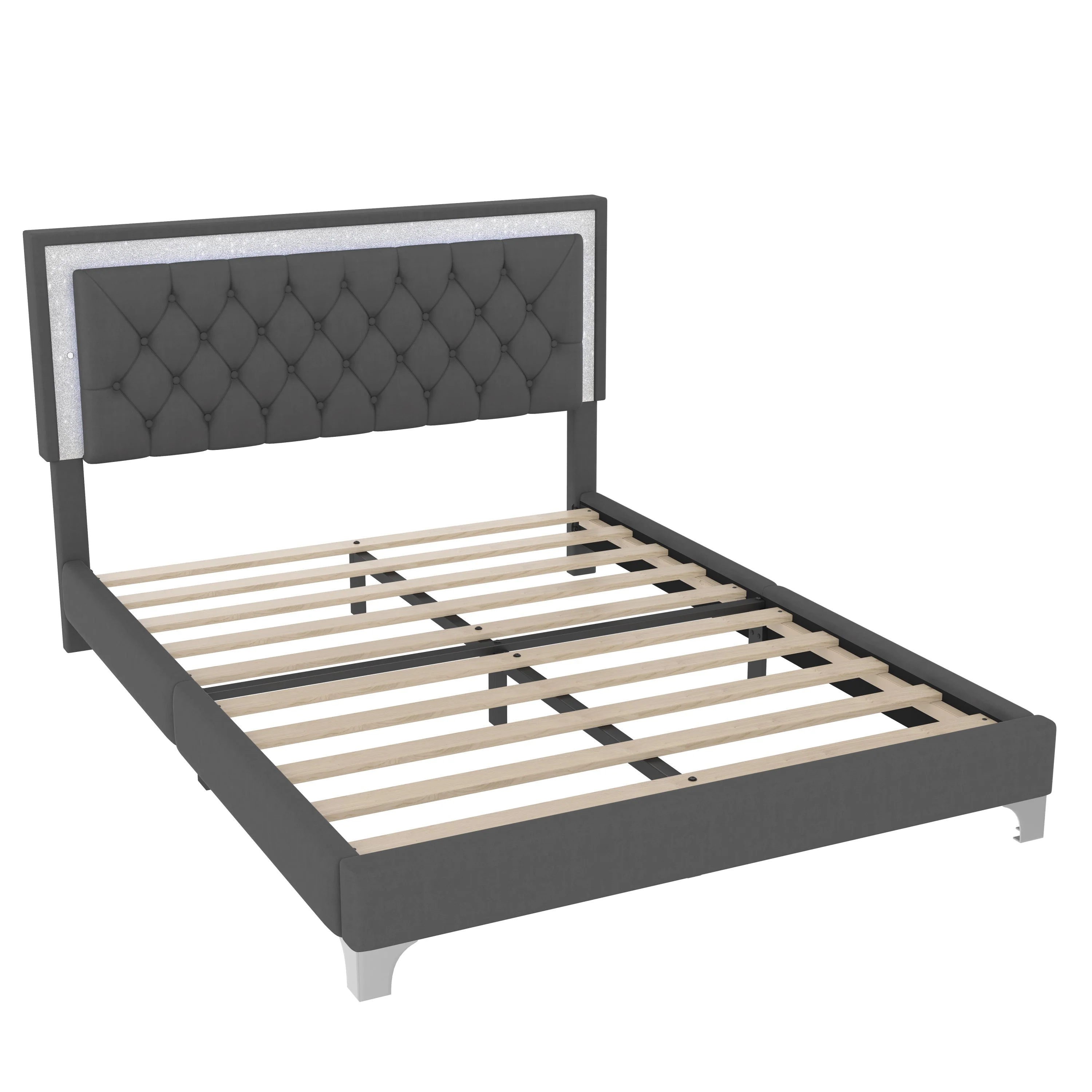 3-Pieces Bedroom Set, Queen Size Upholstered Platform Bed with LED Lights and Two Nightstands - Gray - Image 8