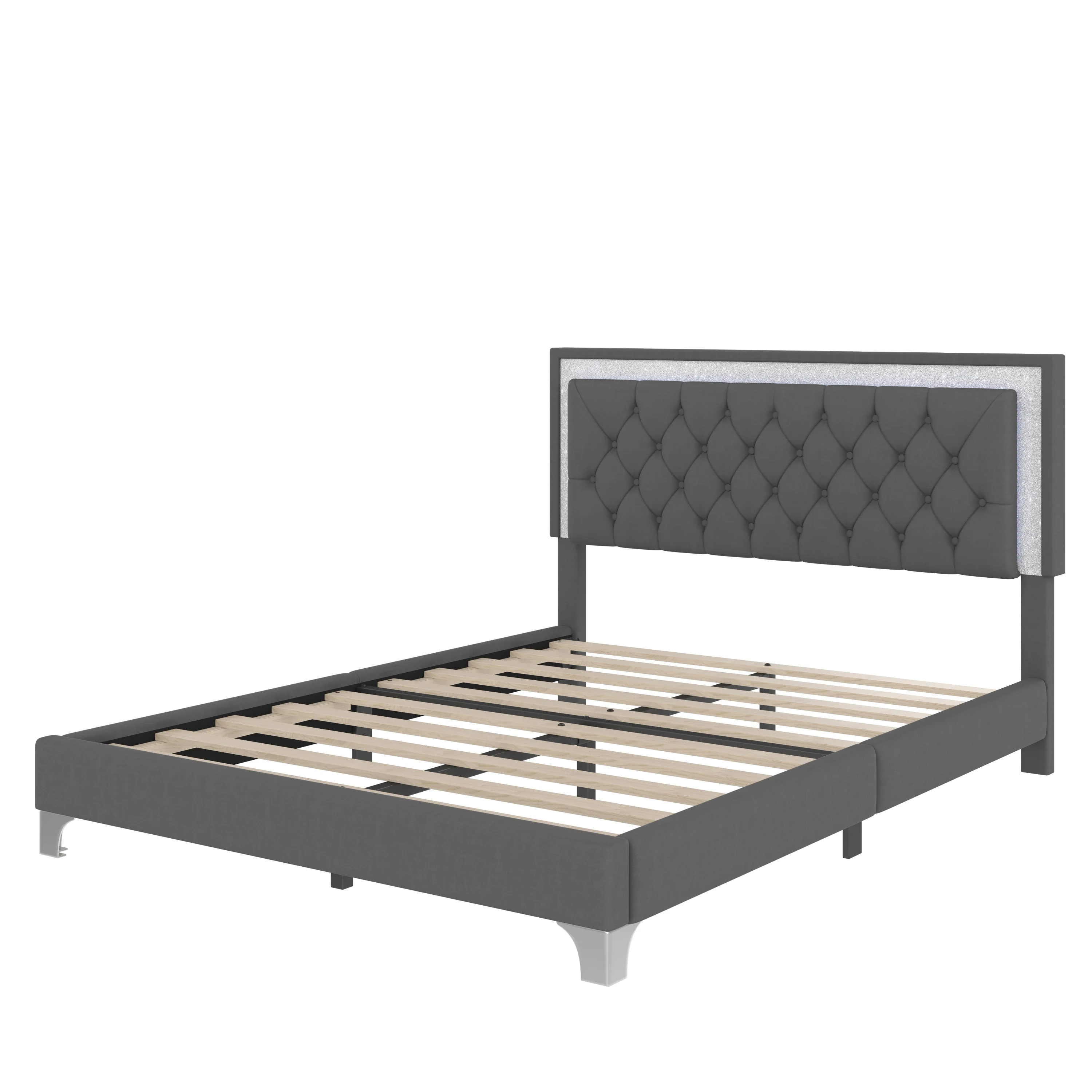 3-Pieces Bedroom Set, Queen Size Upholstered Platform Bed with LED Lights and Two Nightstands - Gray - Image 9