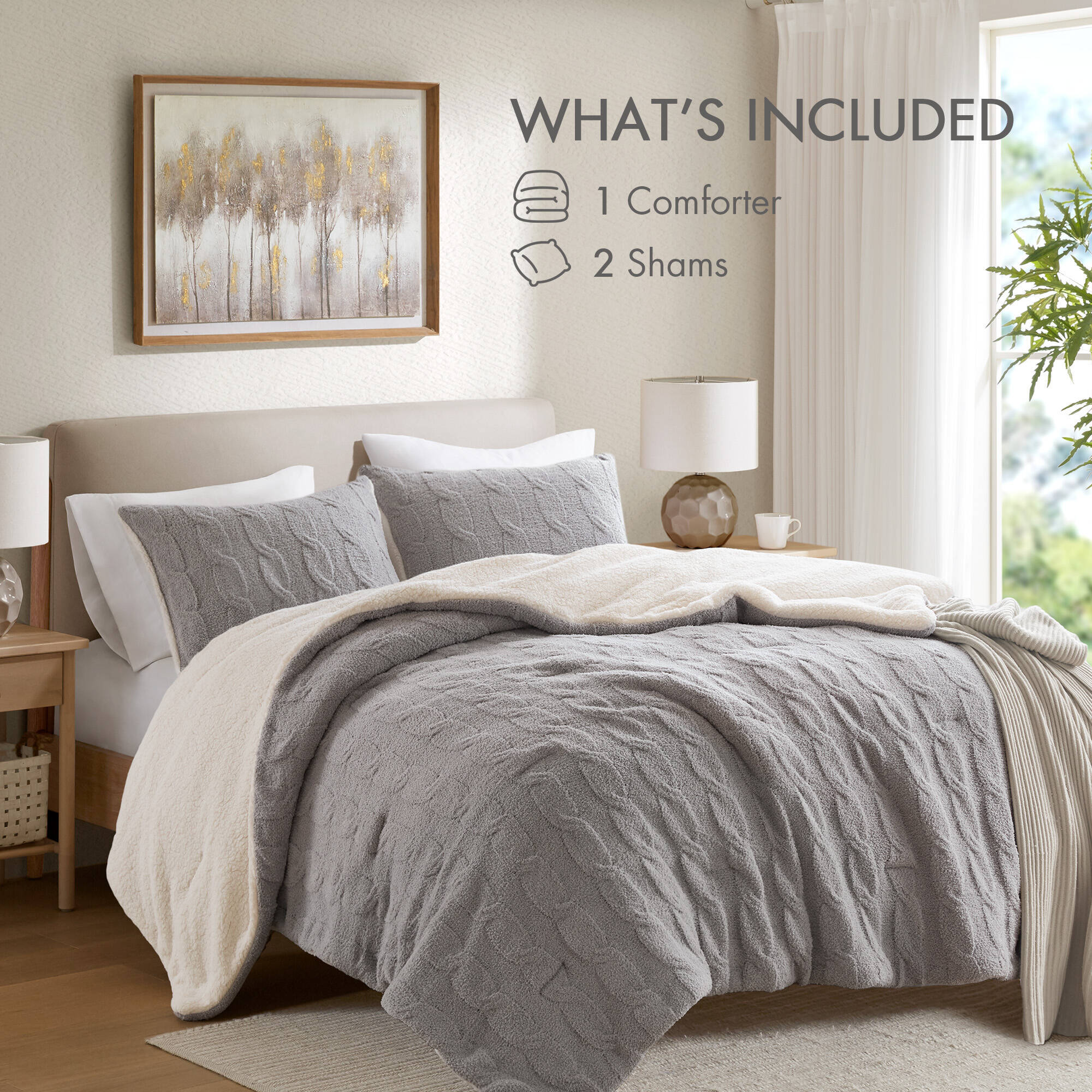 3 Pieces Full/Queen Cable Knit Chenille Comforter Set Gray - Image 10