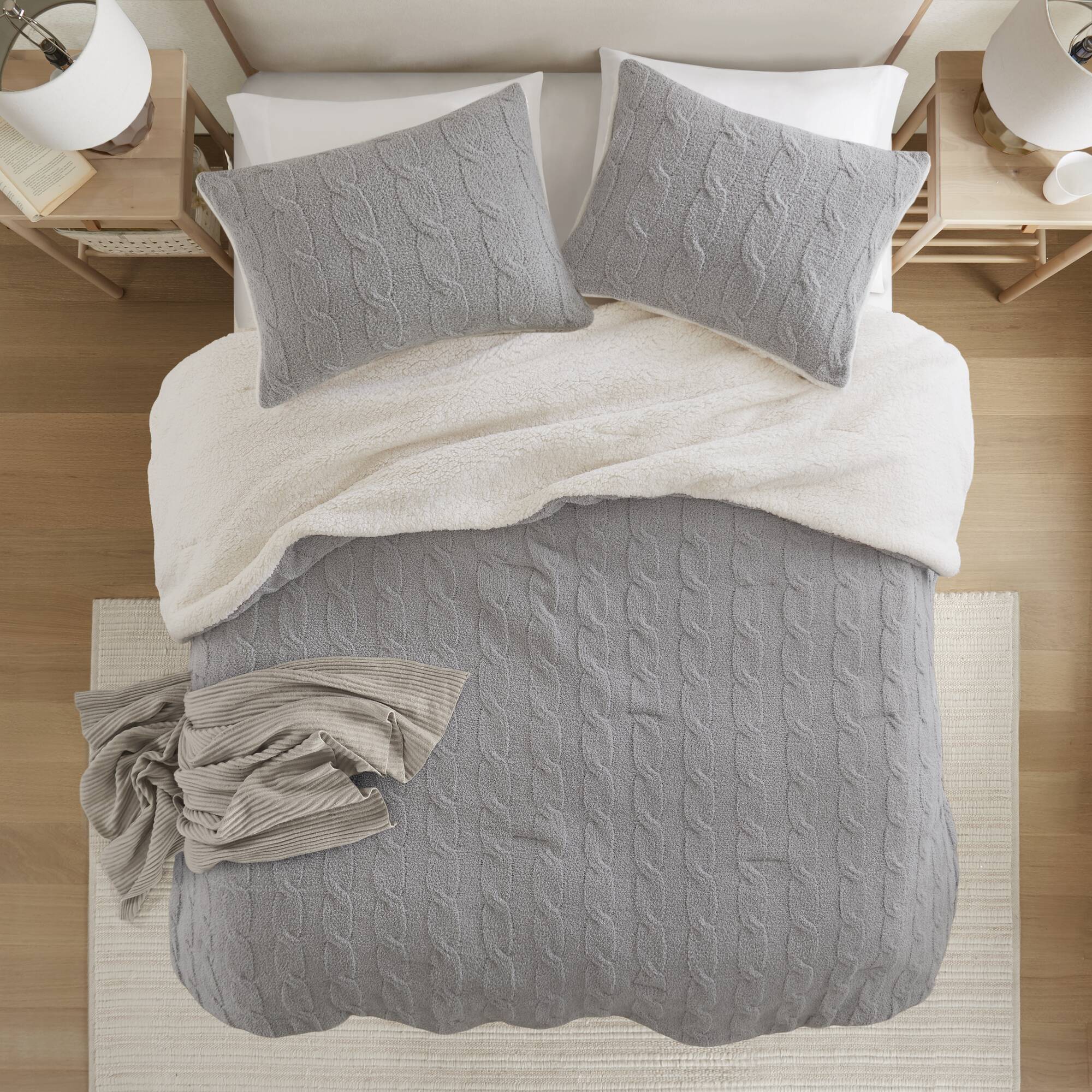 3 Pieces Full/Queen Cable Knit Chenille Comforter Set Gray - Image 13