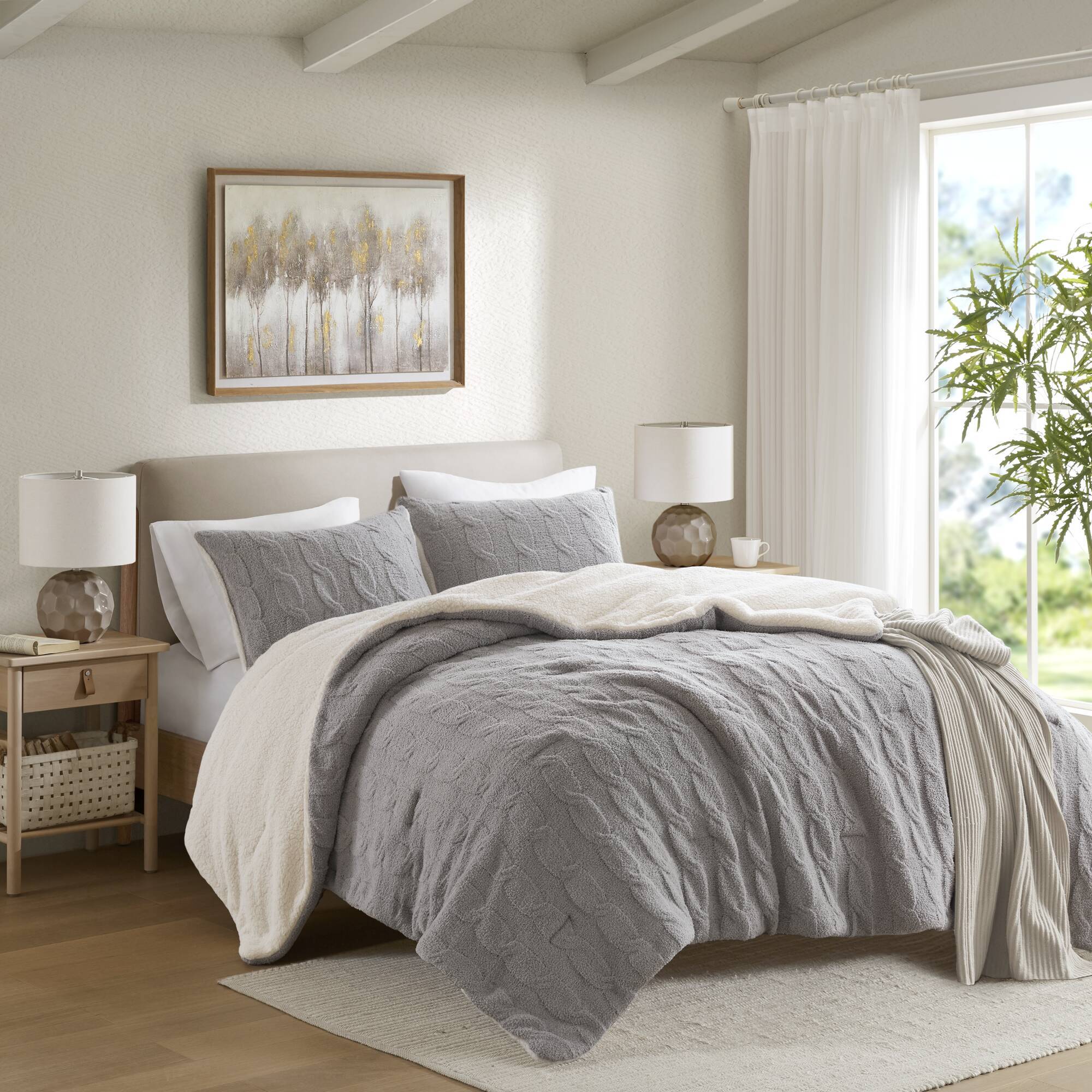 3 Pieces Full/Queen Cable Knit Chenille Comforter Set Gray - Image 16