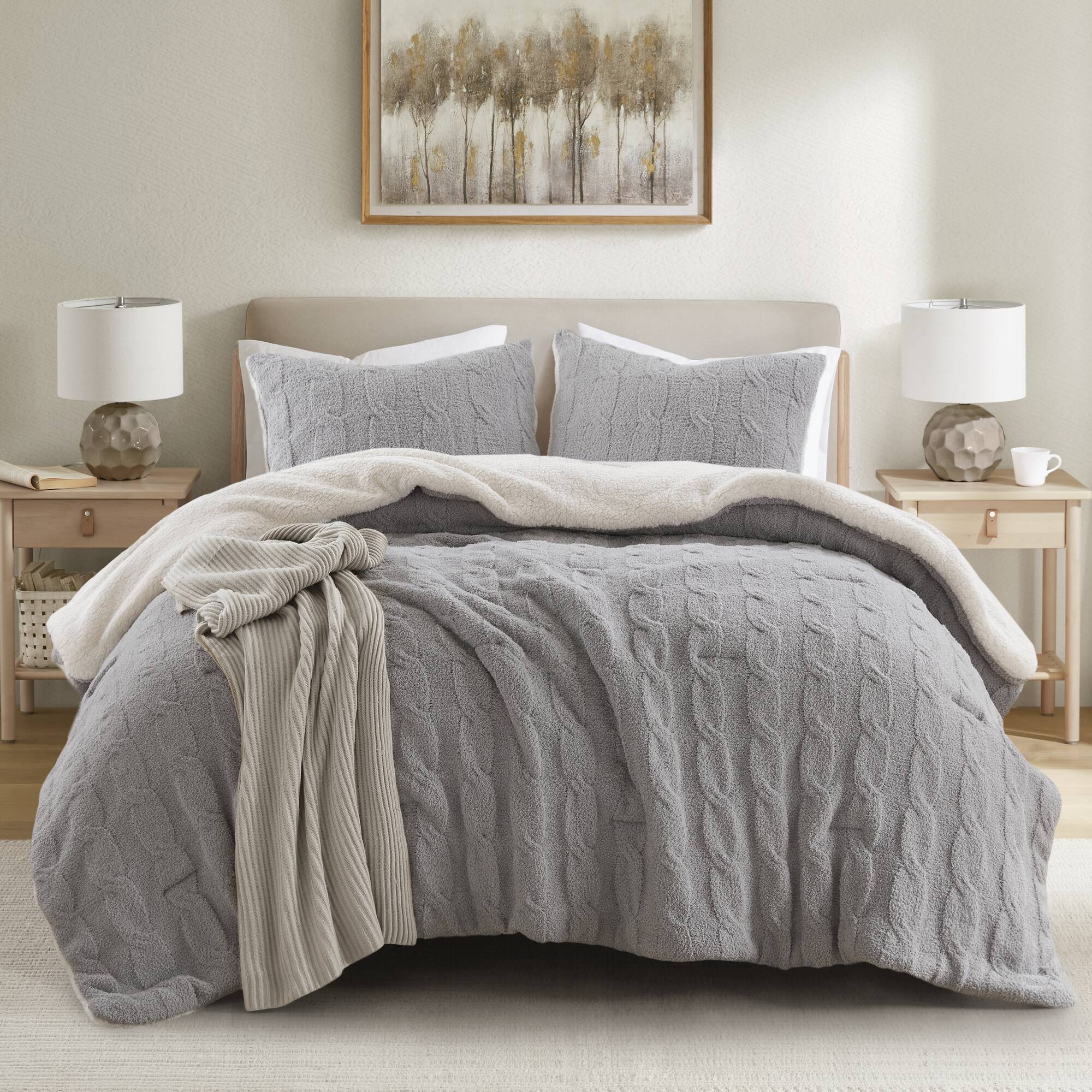 3 Pieces Full/Queen Cable Knit Chenille Comforter Set Gray - Image 17