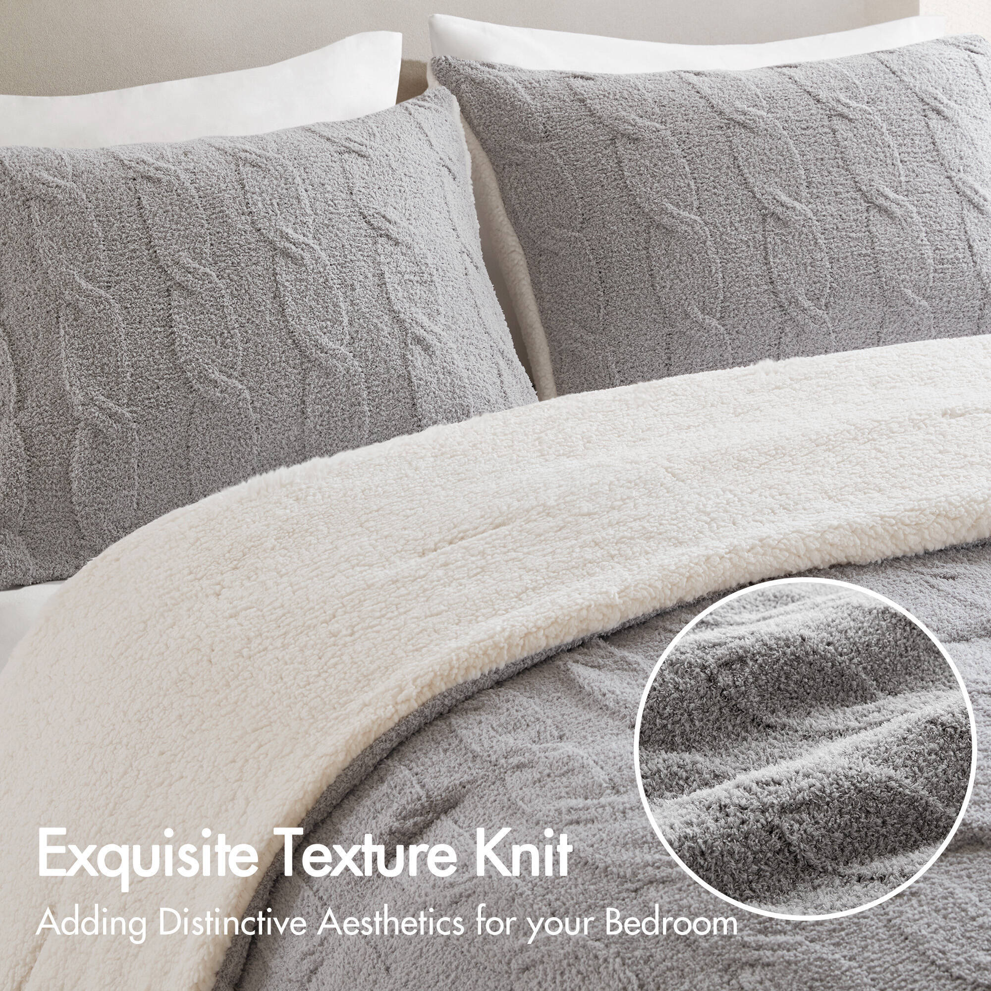 3 Pieces Full/Queen Cable Knit Chenille Comforter Set Gray - Image 2