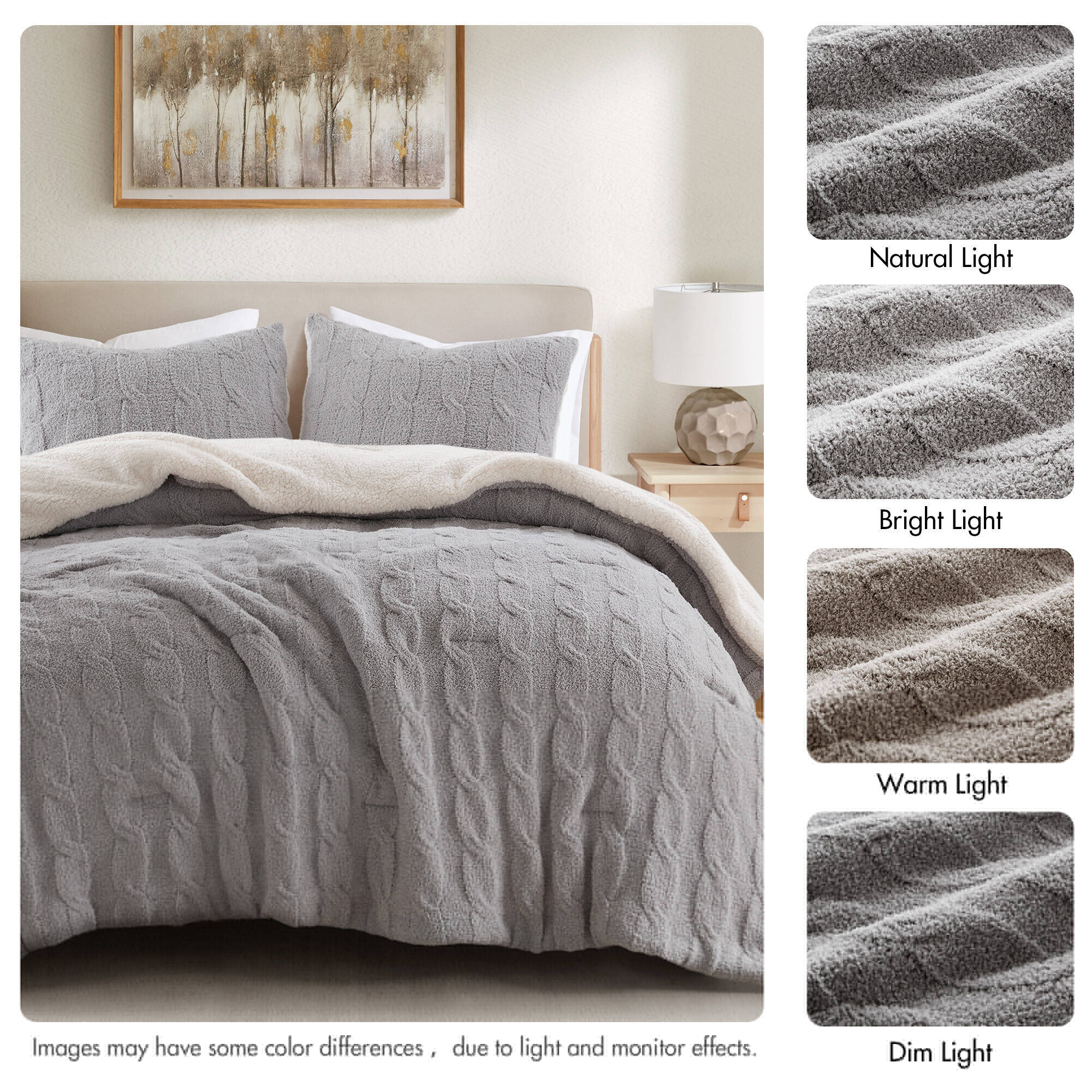 3 Pieces Full/Queen Cable Knit Chenille Comforter Set Gray - Image 3