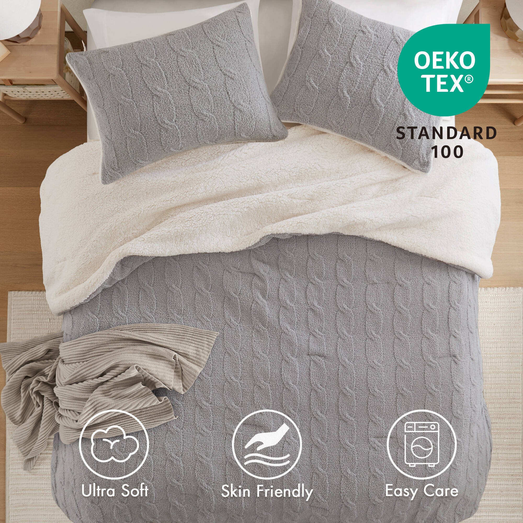 3 Pieces Full/Queen Cable Knit Chenille Comforter Set Gray - Image 4
