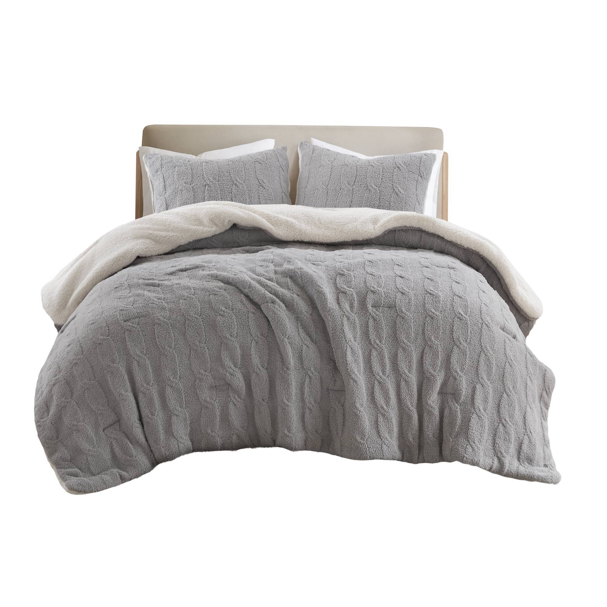 3 Pieces Full/Queen Cable Knit Chenille Comforter Set Gray - Image 6