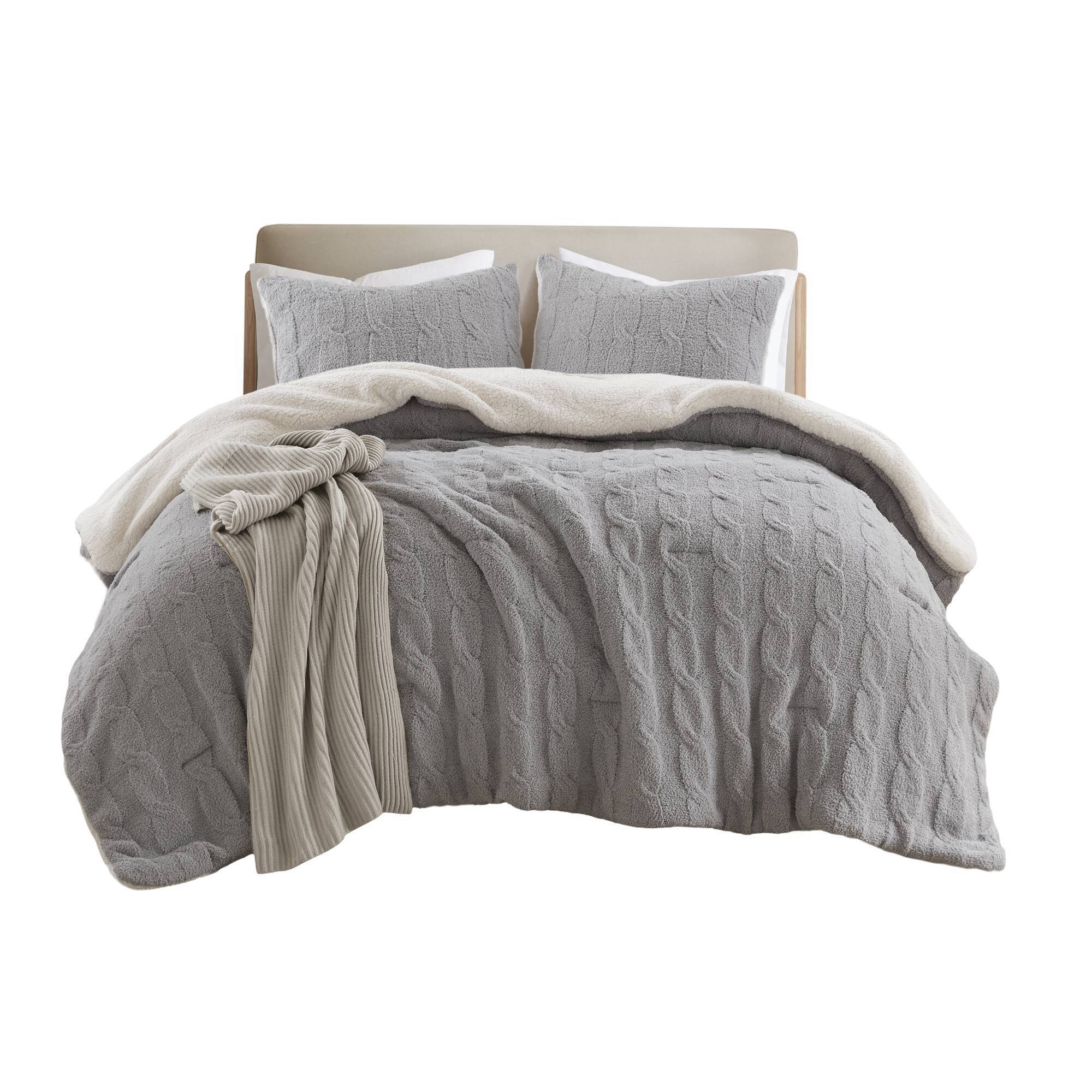 3 Pieces Full/Queen Cable Knit Chenille Comforter Set Gray - Image 7