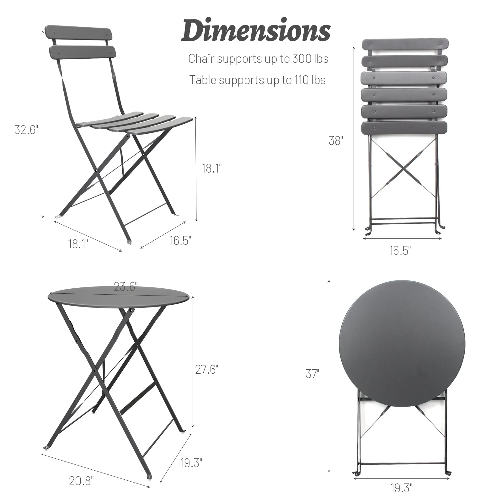 3 Pieces Patio Bistro Balcony Metal Chair Table Set - Gray - Image 9