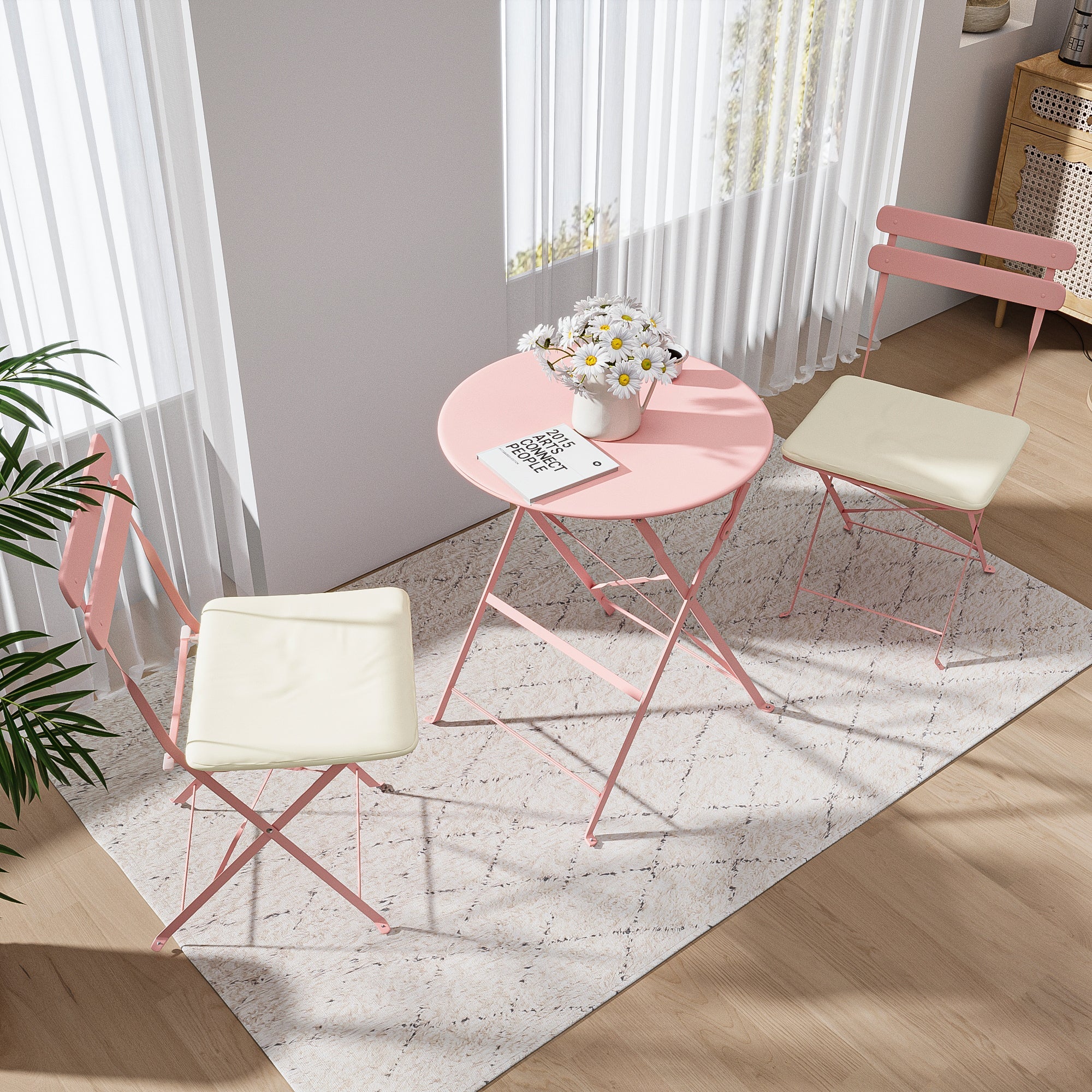 3 Pieces Patio Bistro Balcony Metal Chair Table Set - Pink - Image 2